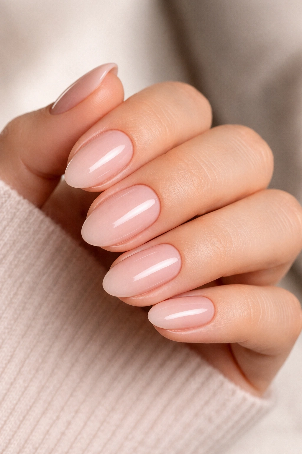 Barely-pink almond nails with sheer pink and glossy finish