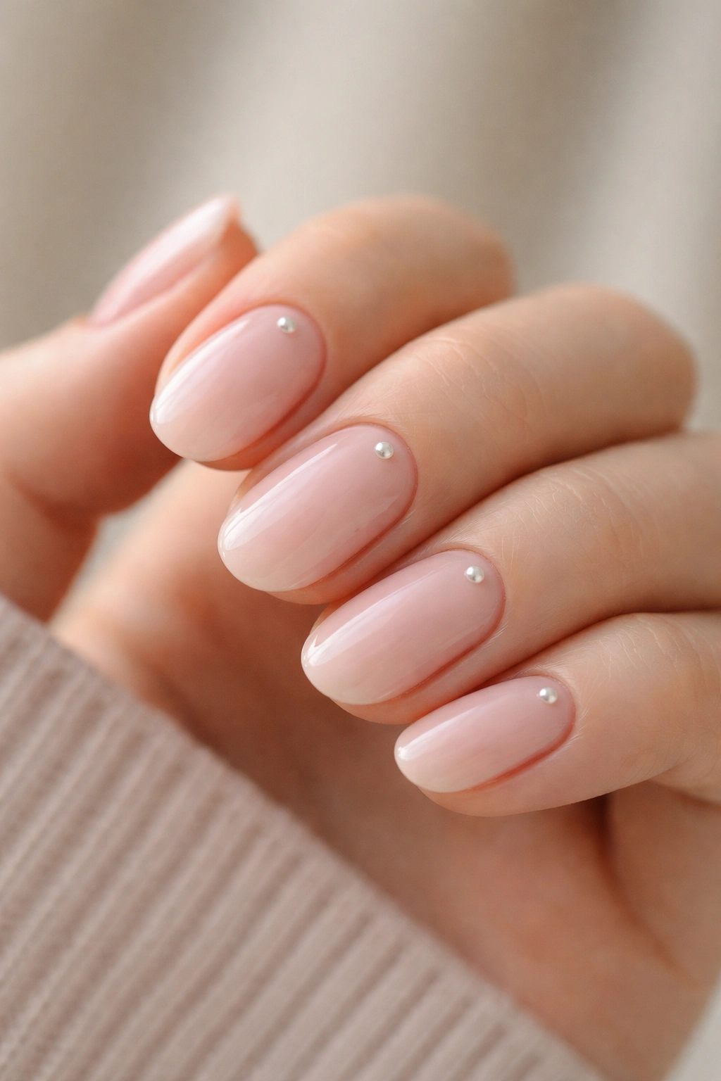 Close-up of barely pink nails with tiny pearl accents on short oval nails