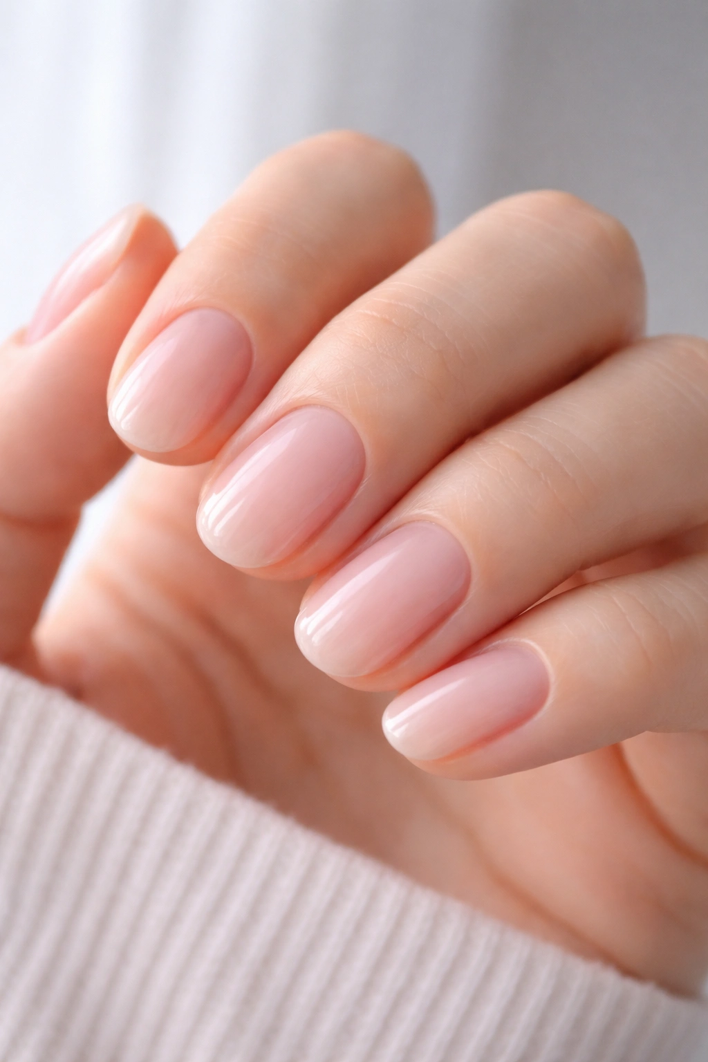 Close-up of barely-there baby pink oval nails on a hand