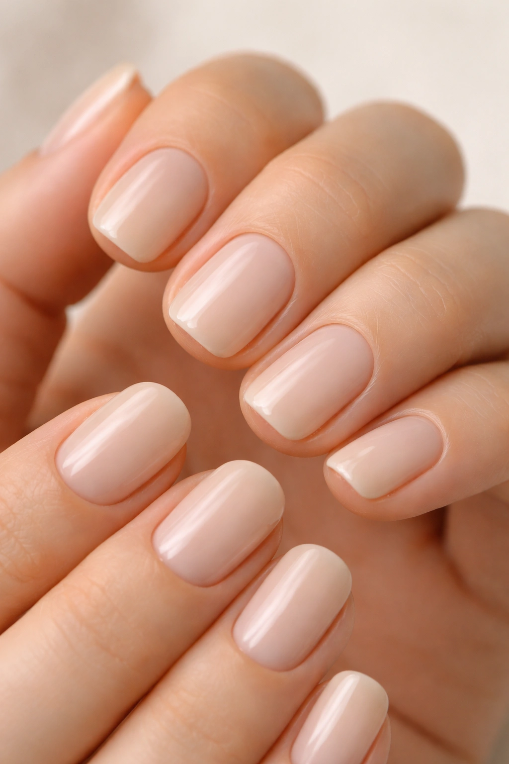 Close-up of hands with barely-there beige squoval nails on a neutral background