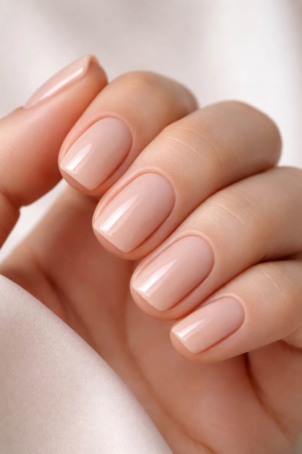 Close-up of short squoval nails in Barely-There Beige with a glossy finish.
