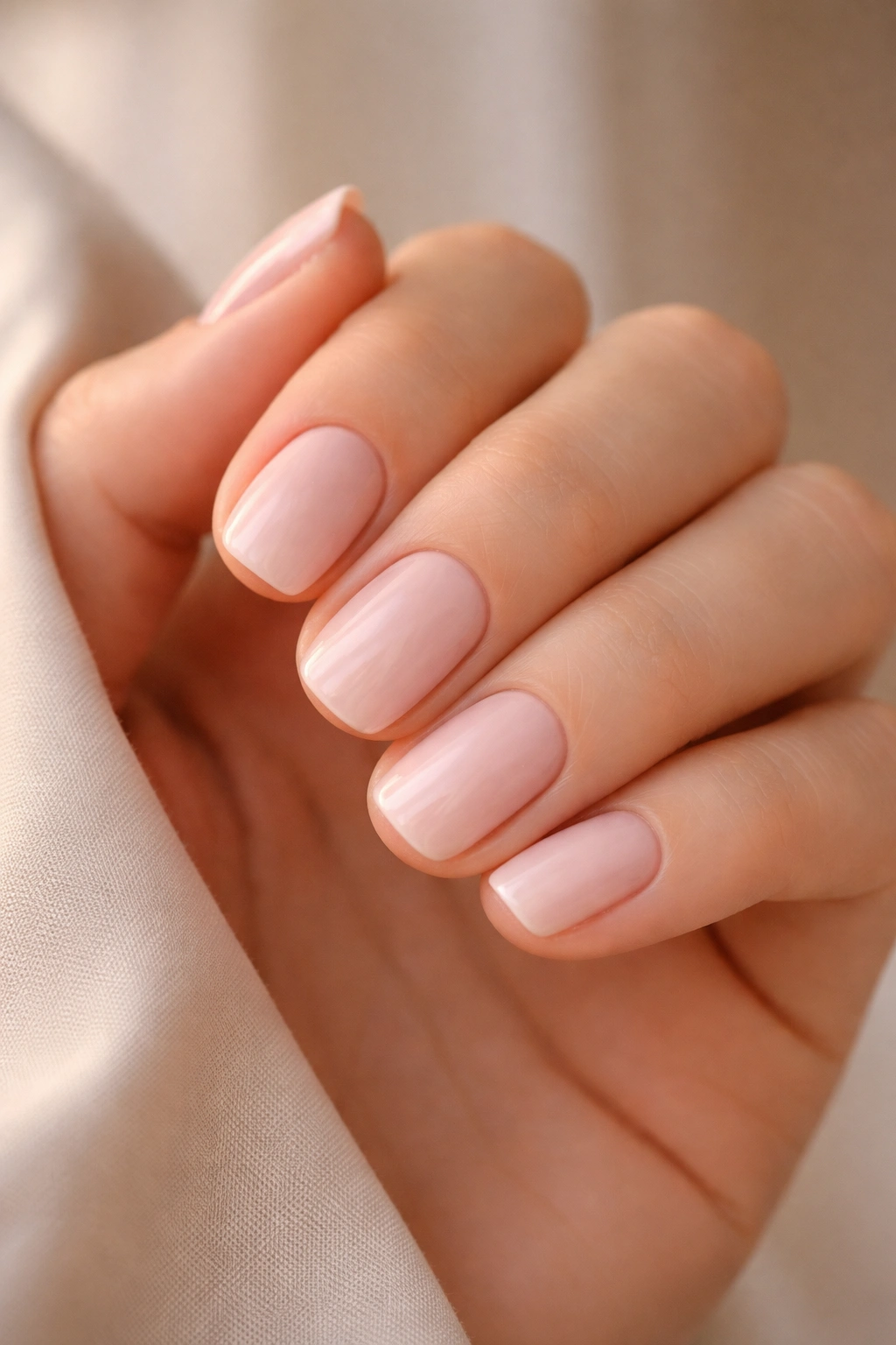 Close-up of short squoval nails in barely-there blush pink