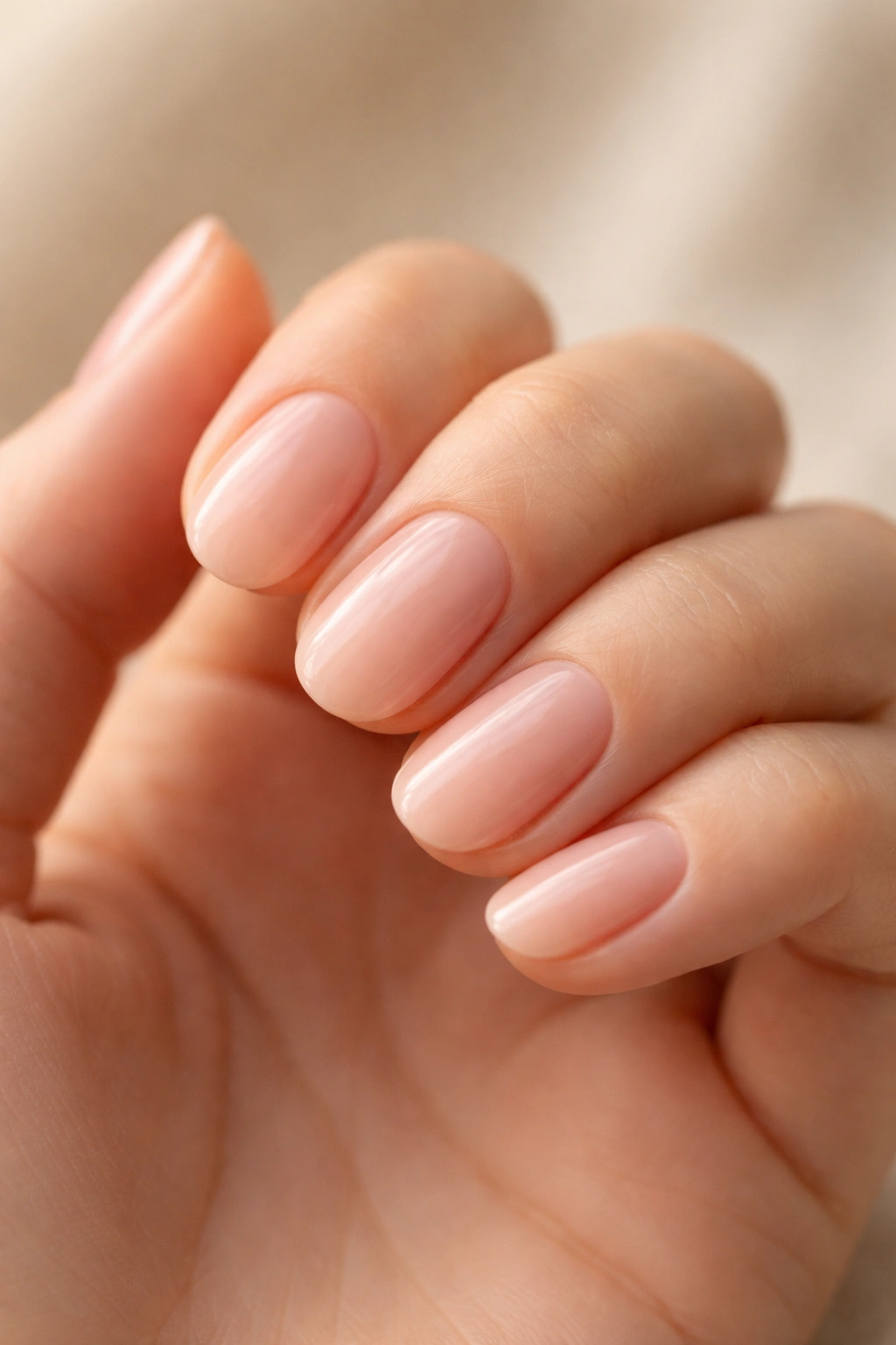 Close-up of short oval nails in barely-there blush nude shade, soft pink translucent look