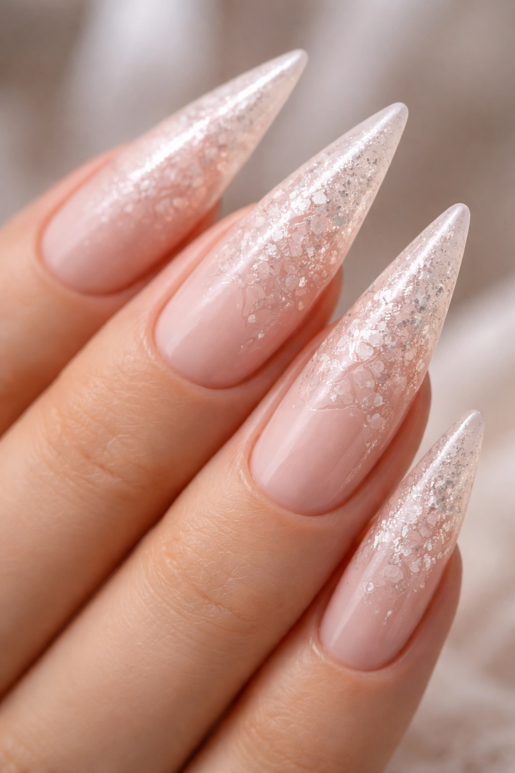 Close-up of blush pink stiletto nails with micro-shatter texture