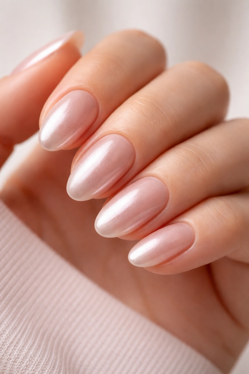 Close-up of barely there chrome on short almond nails with a satin sheen