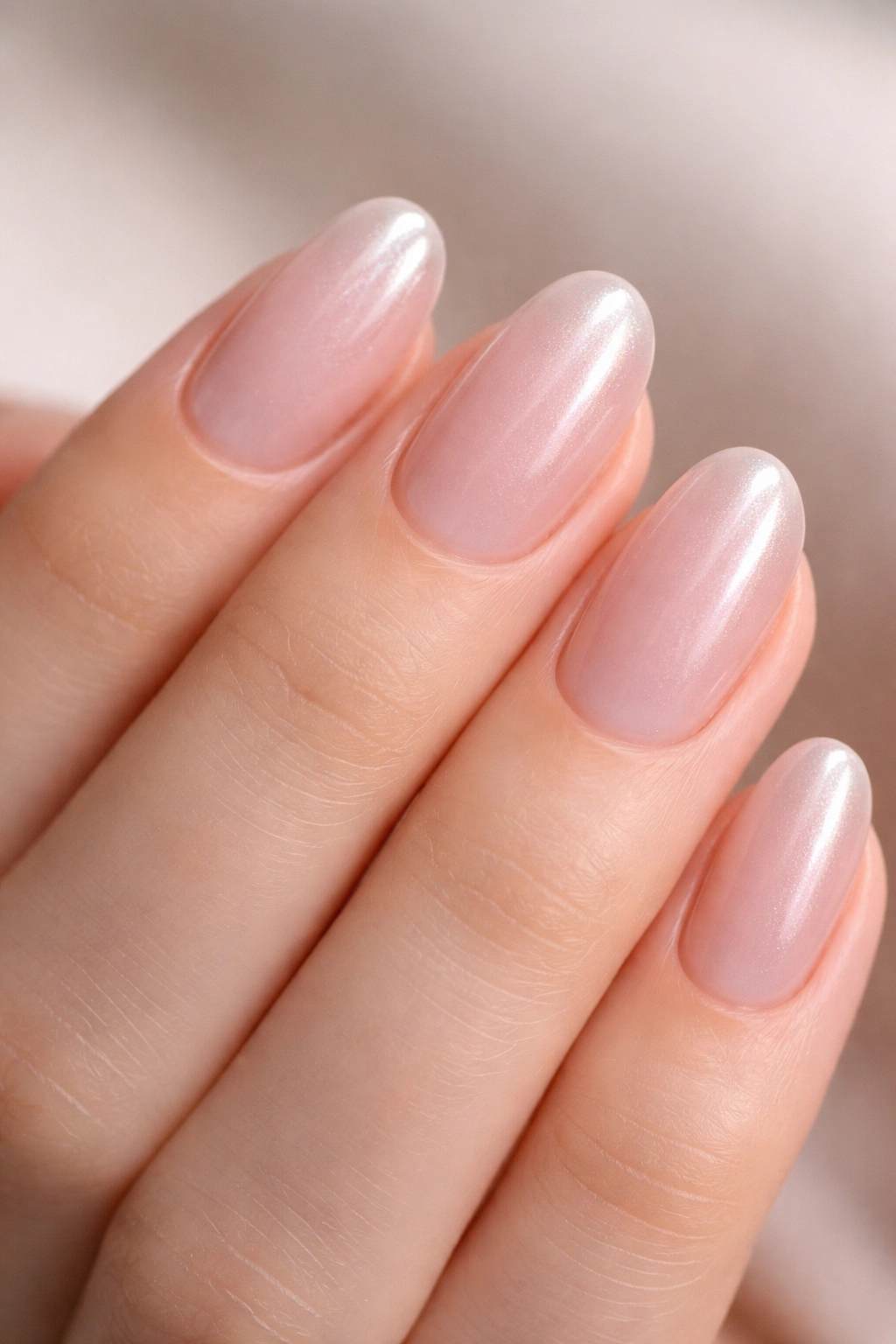 Close-up of barely-there chrome nails on a nude-pink short almond nail.