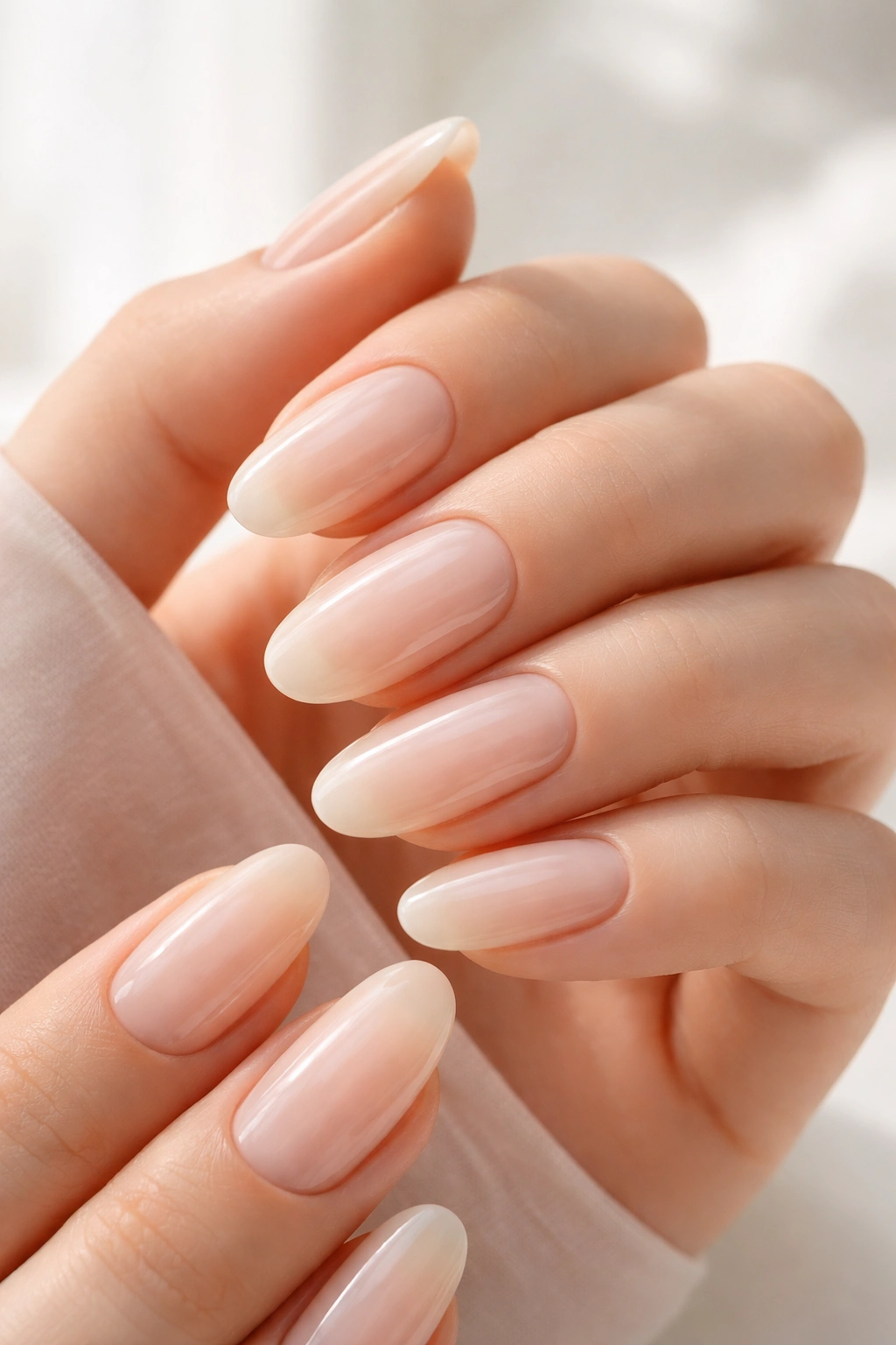 Barely-there cream nails close-up on oval nails in a neutral studio