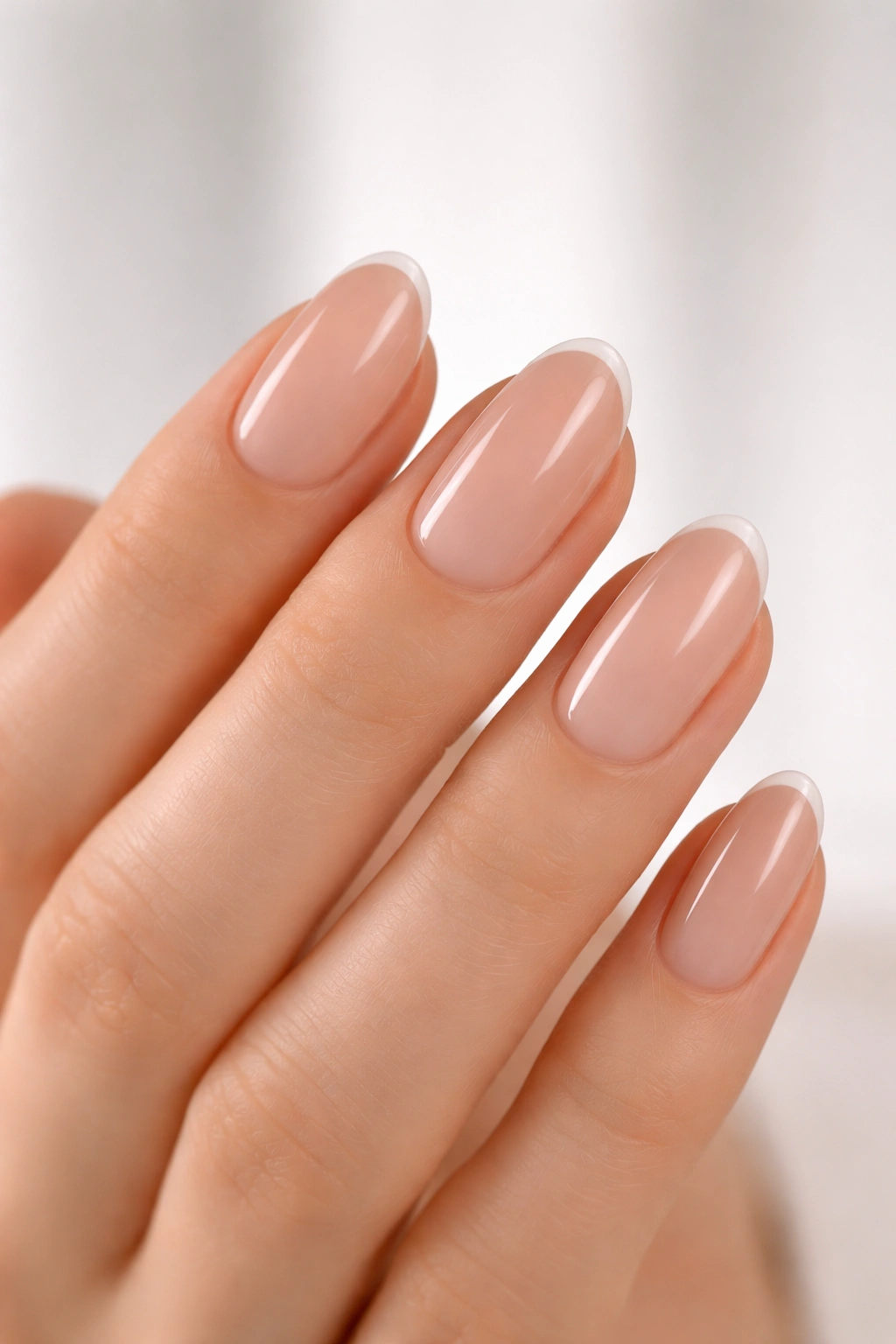 Close-up of nails with barely there French tips on nude base