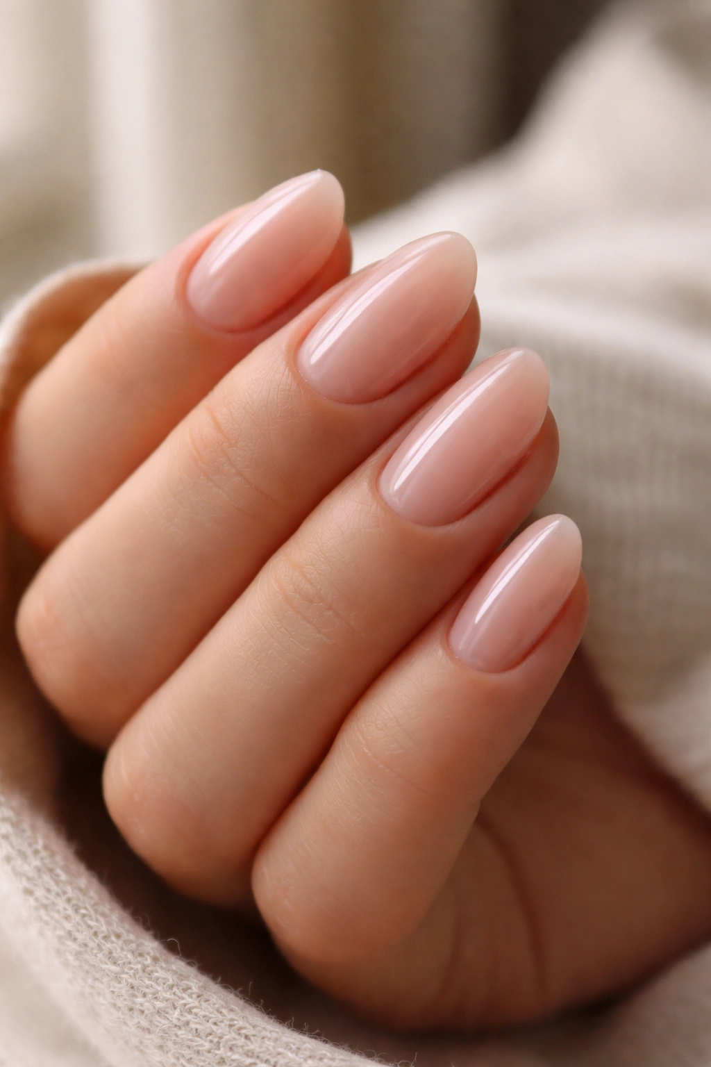 Close-up of short almond nails with barely-there clear gloss