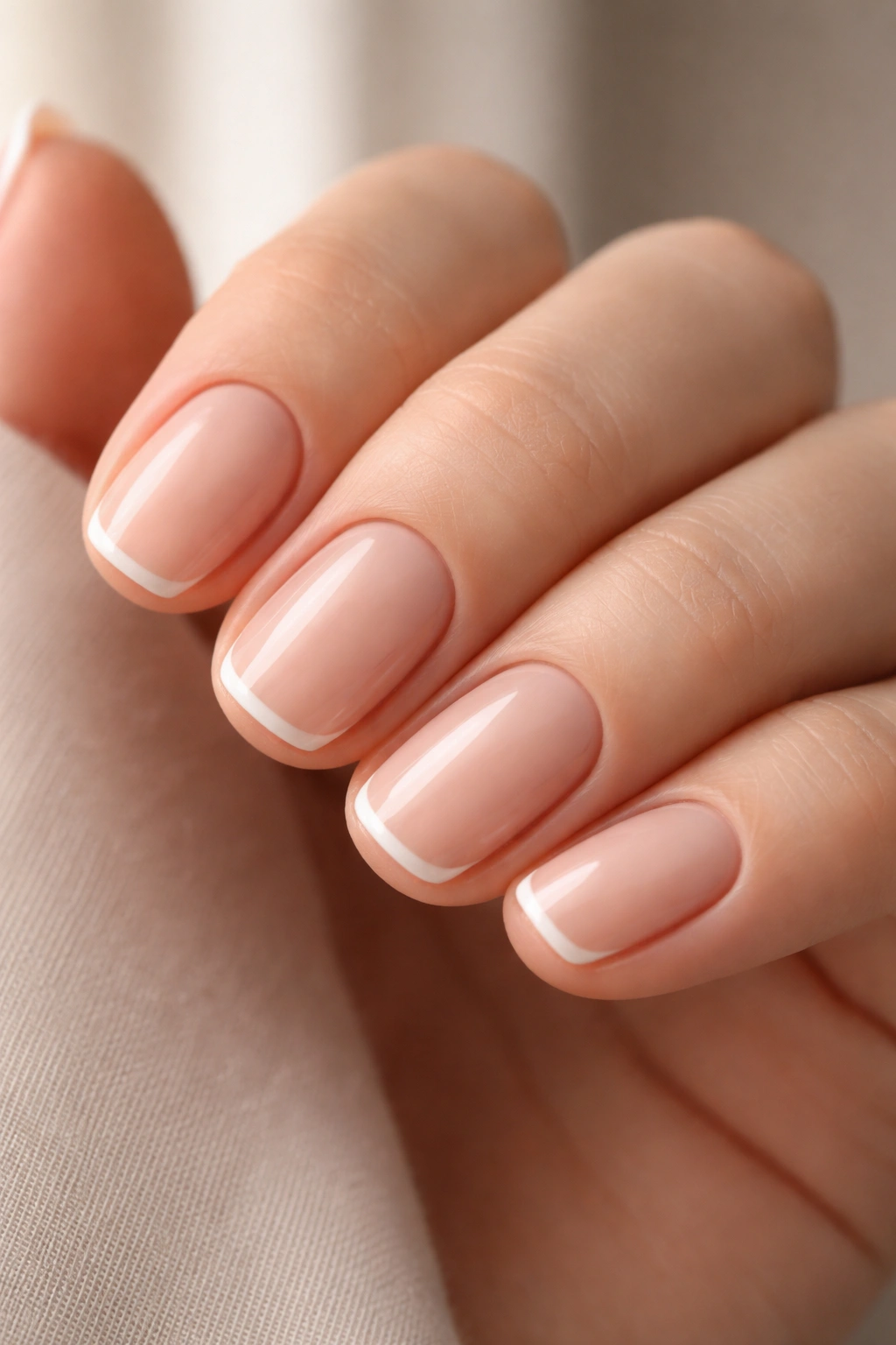 Close-up of nails with ultra-soft nude French tip blending into natural nail color