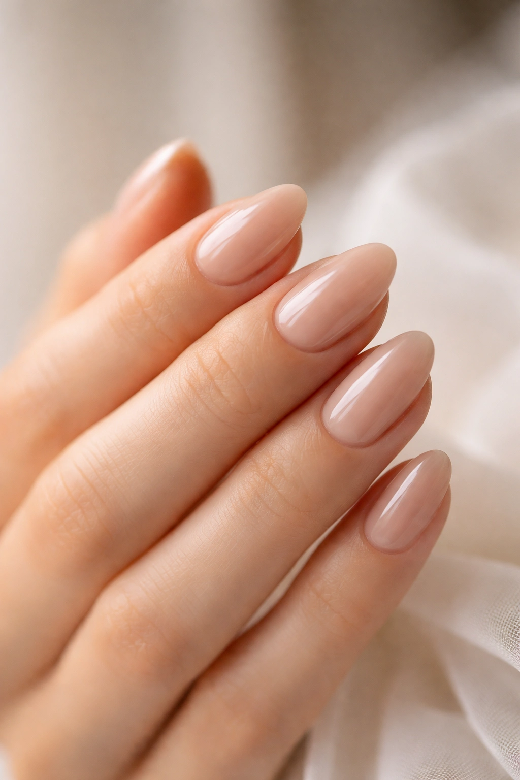 Close-up of short almond nails with nude glossy finish