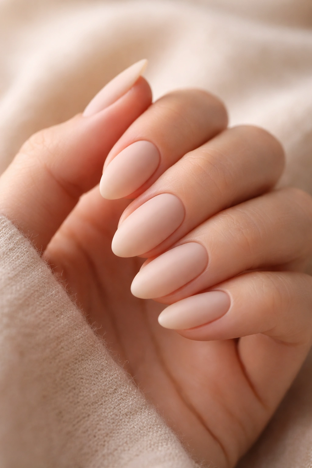 Close-up of short almond nails in barely there nude matte finish