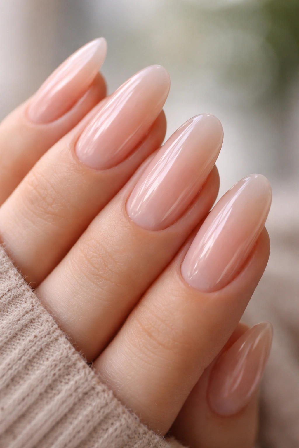 Close-up of long oval nails in glossy barely-there pink