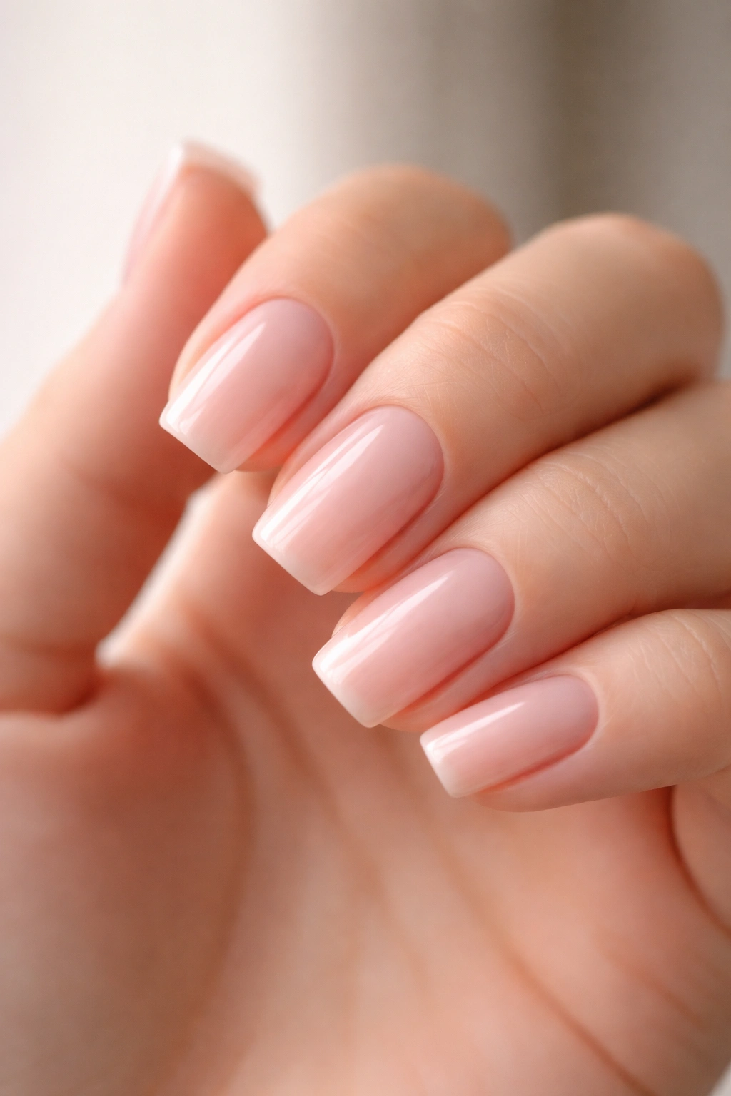 Close-up of barely-there pink on natural square nails with healthy cuticles