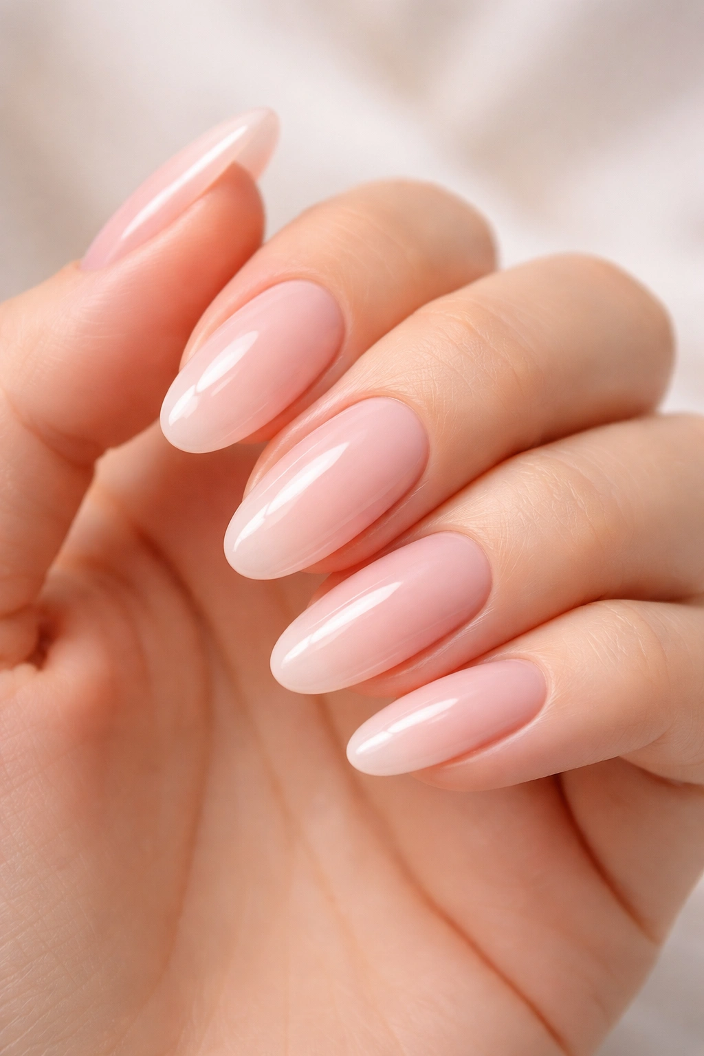 Barely-there pink oval nails with a high-gloss finish on a natural hand