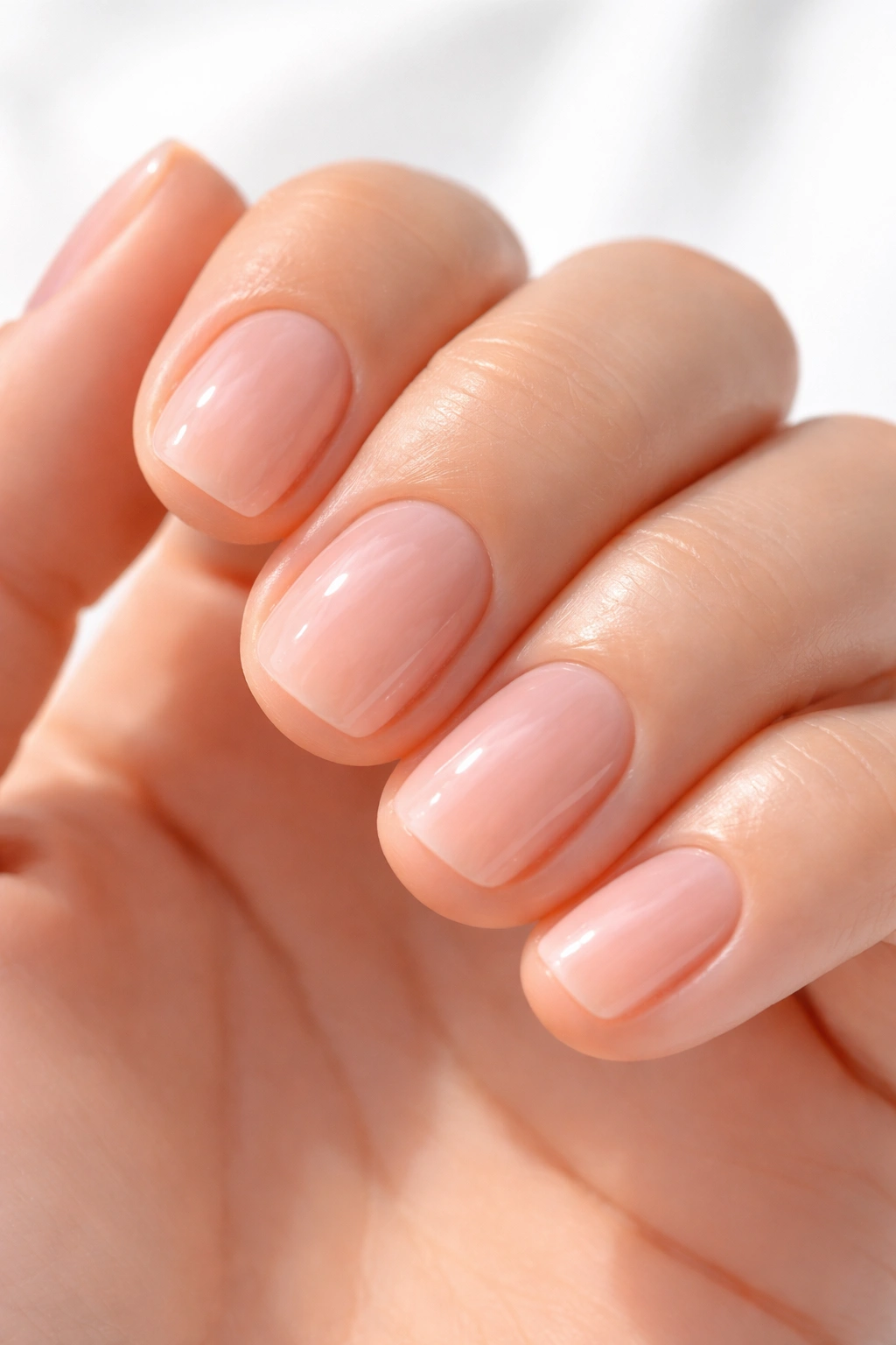 Close-up of sheer pink nails on short nails