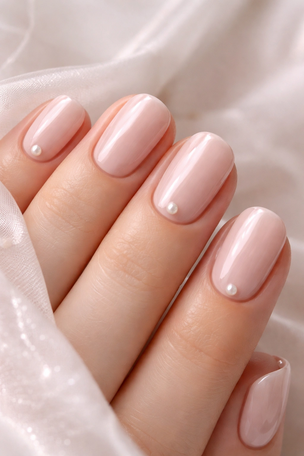 Close-up of barely-there pink nails with pearl accents
