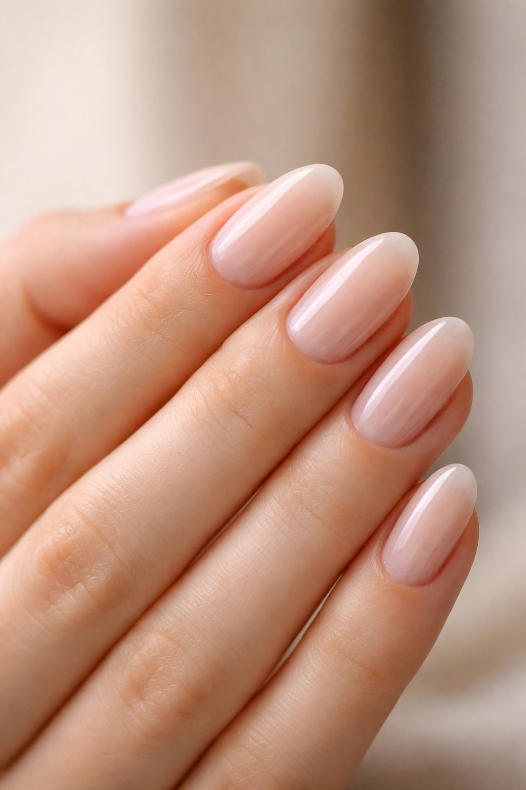 Close-up of short almond nails with a subtle sheer sheen