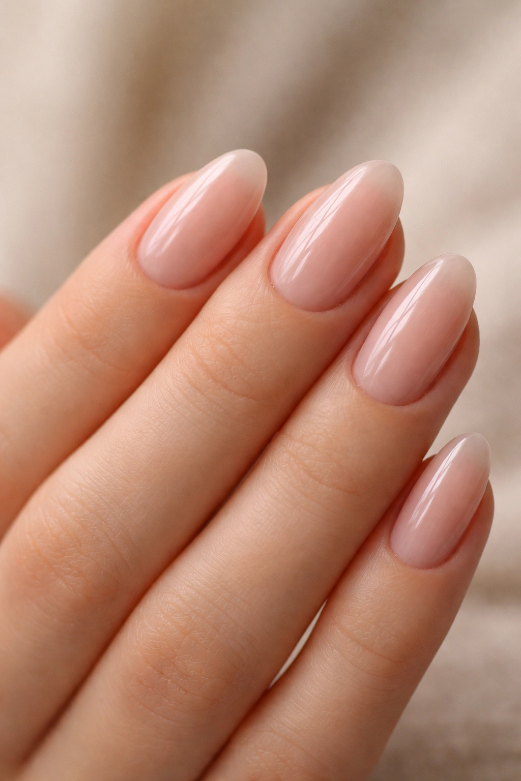 Close-up of barely-there nails with sheer tint on short almond nails