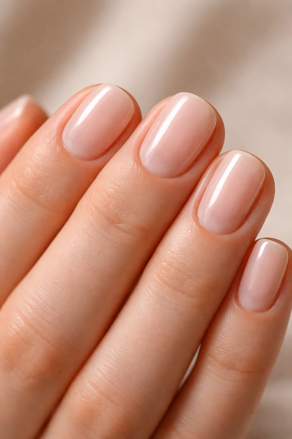 Barely-there translucent nails on short squoval nails against neutral background