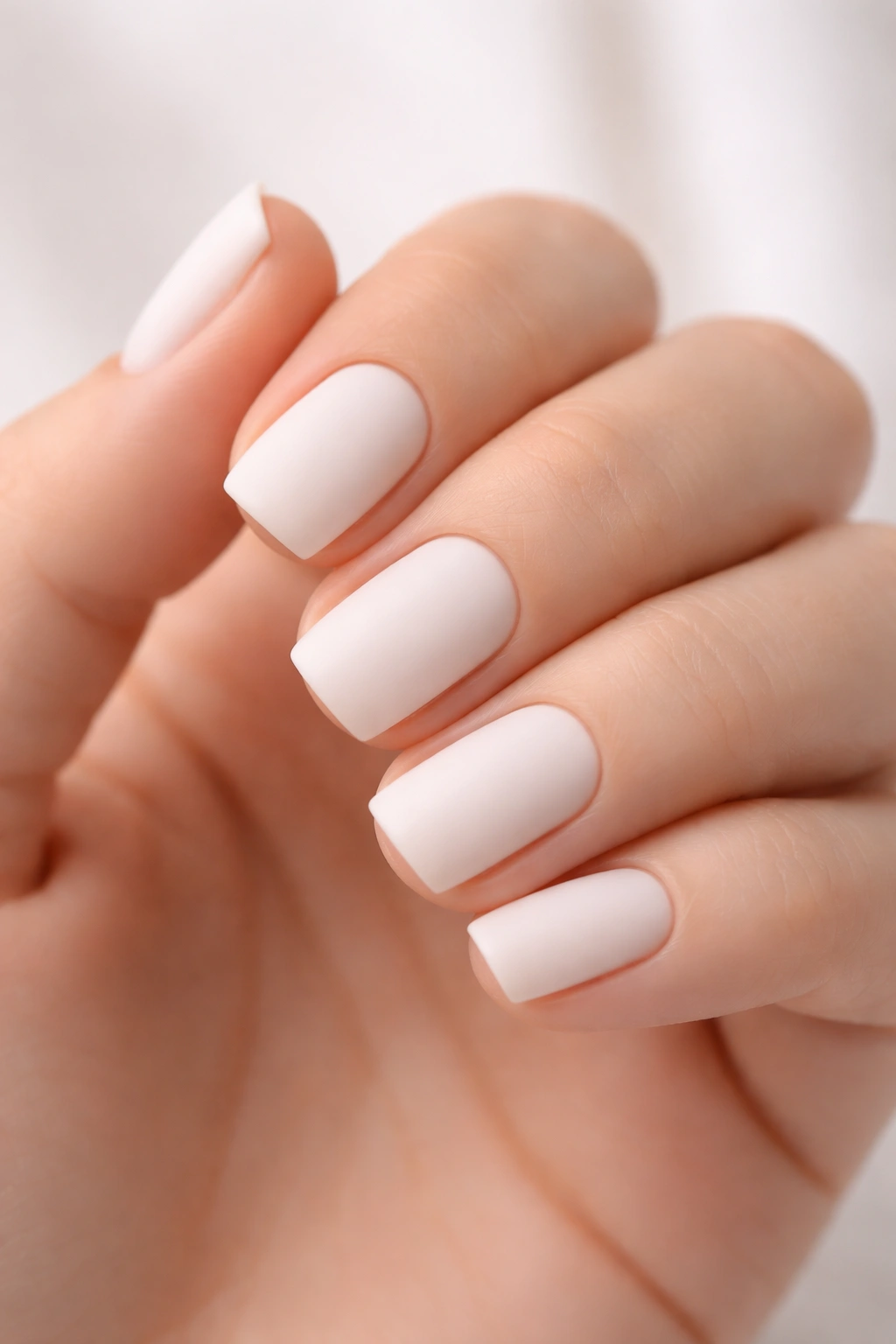 Close-up of short soft square nails in Barely There White with Matte Finish