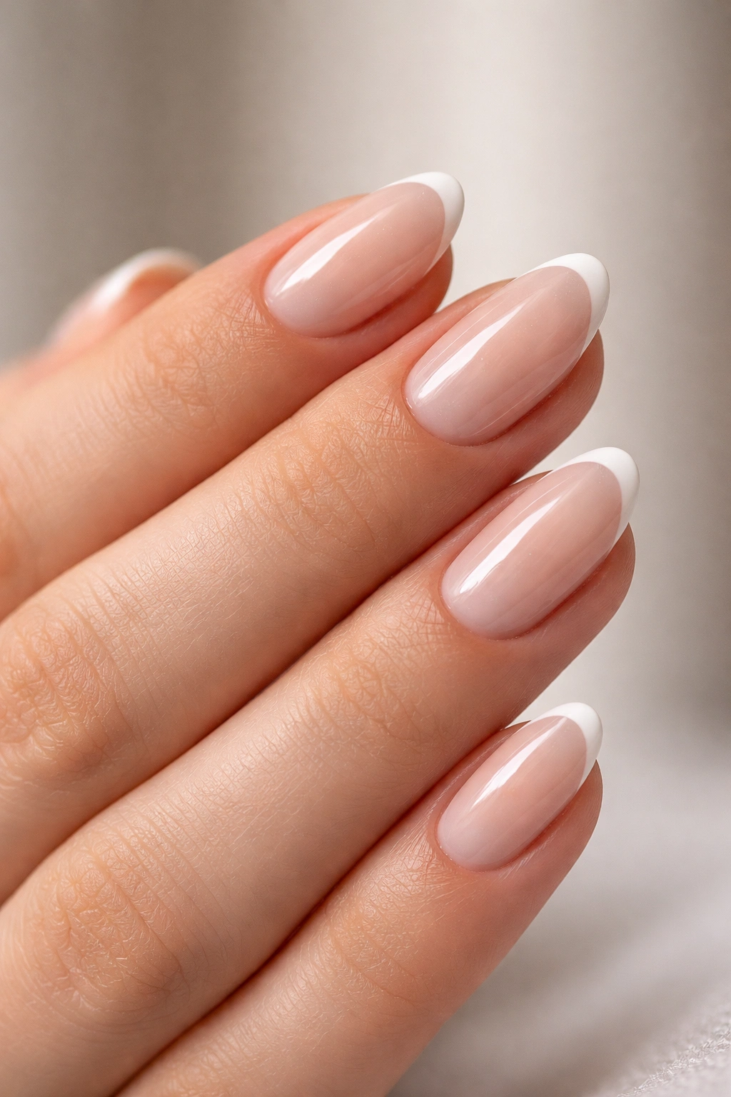 Close-up of short almond nails with barely-there white tip on nude shift polish catching light