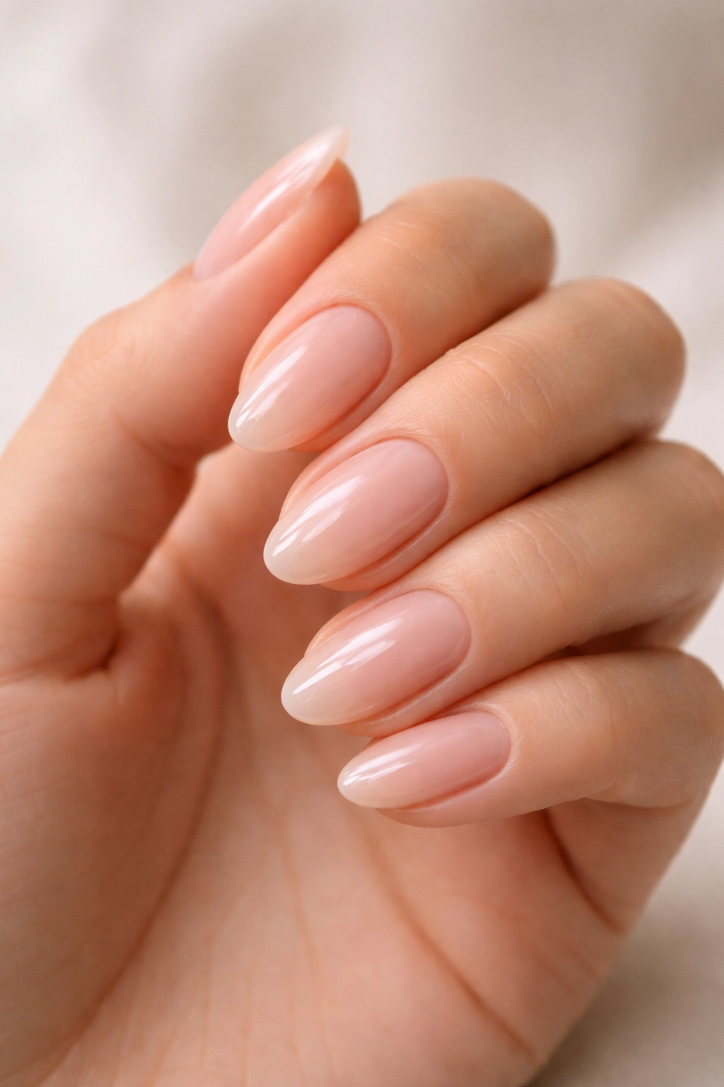 Close-up of barely there almond nails with a high-gloss clear finish on short nails