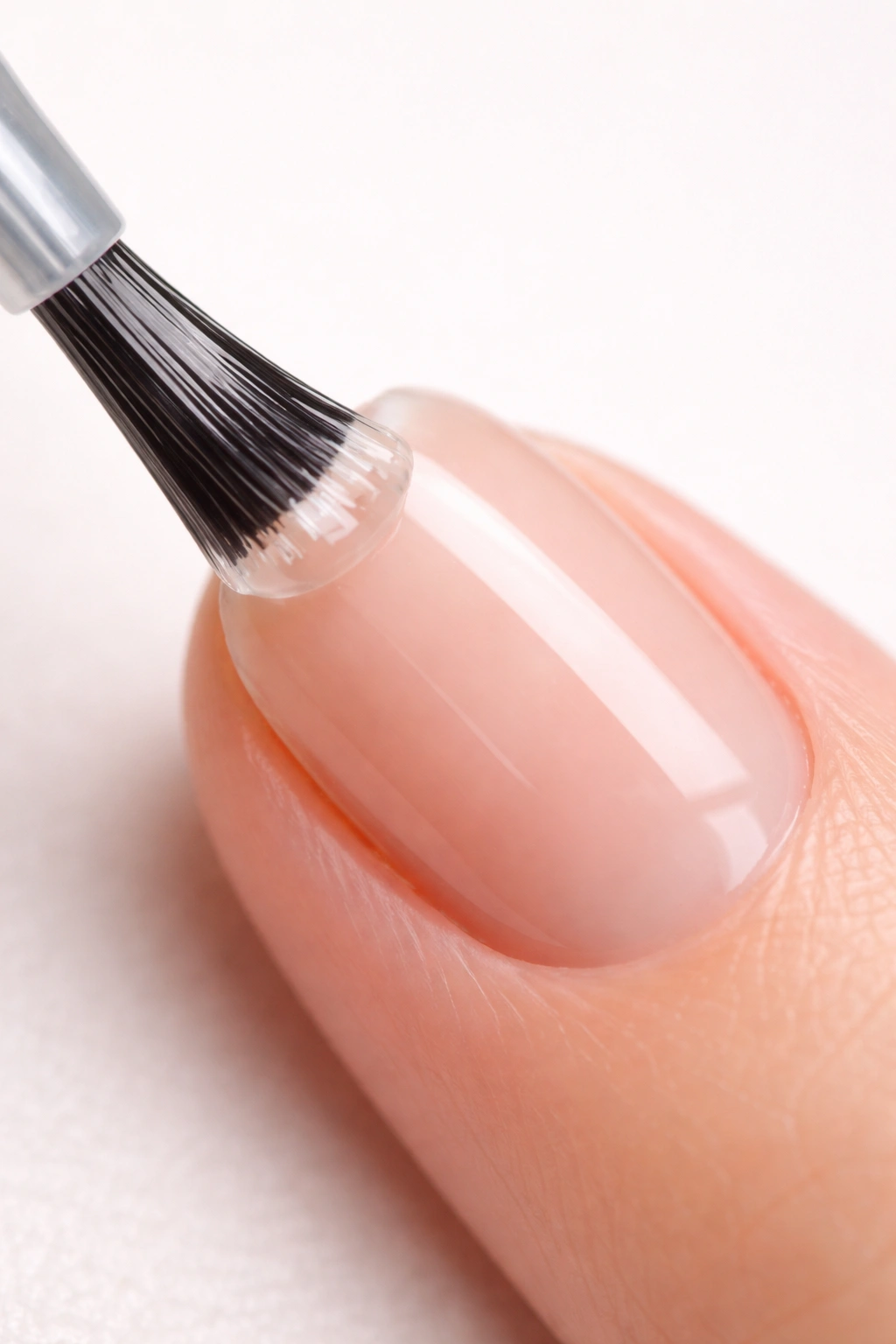 Nail being coated with base coat with brush