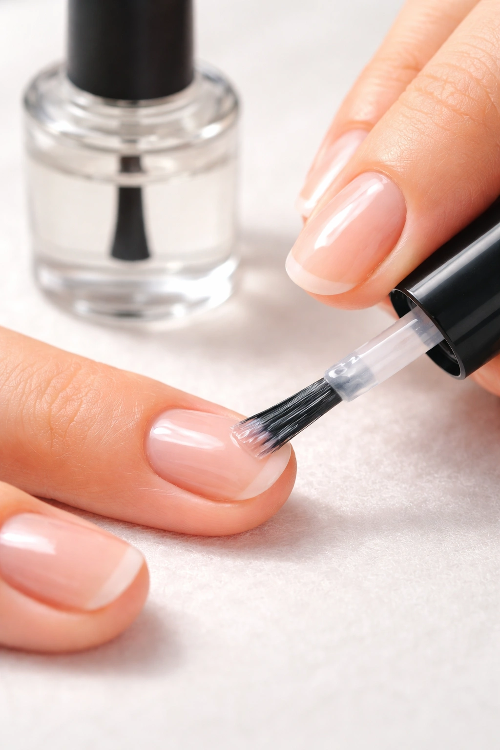 Hand applying base coat on short nail with base coat bottle nearby