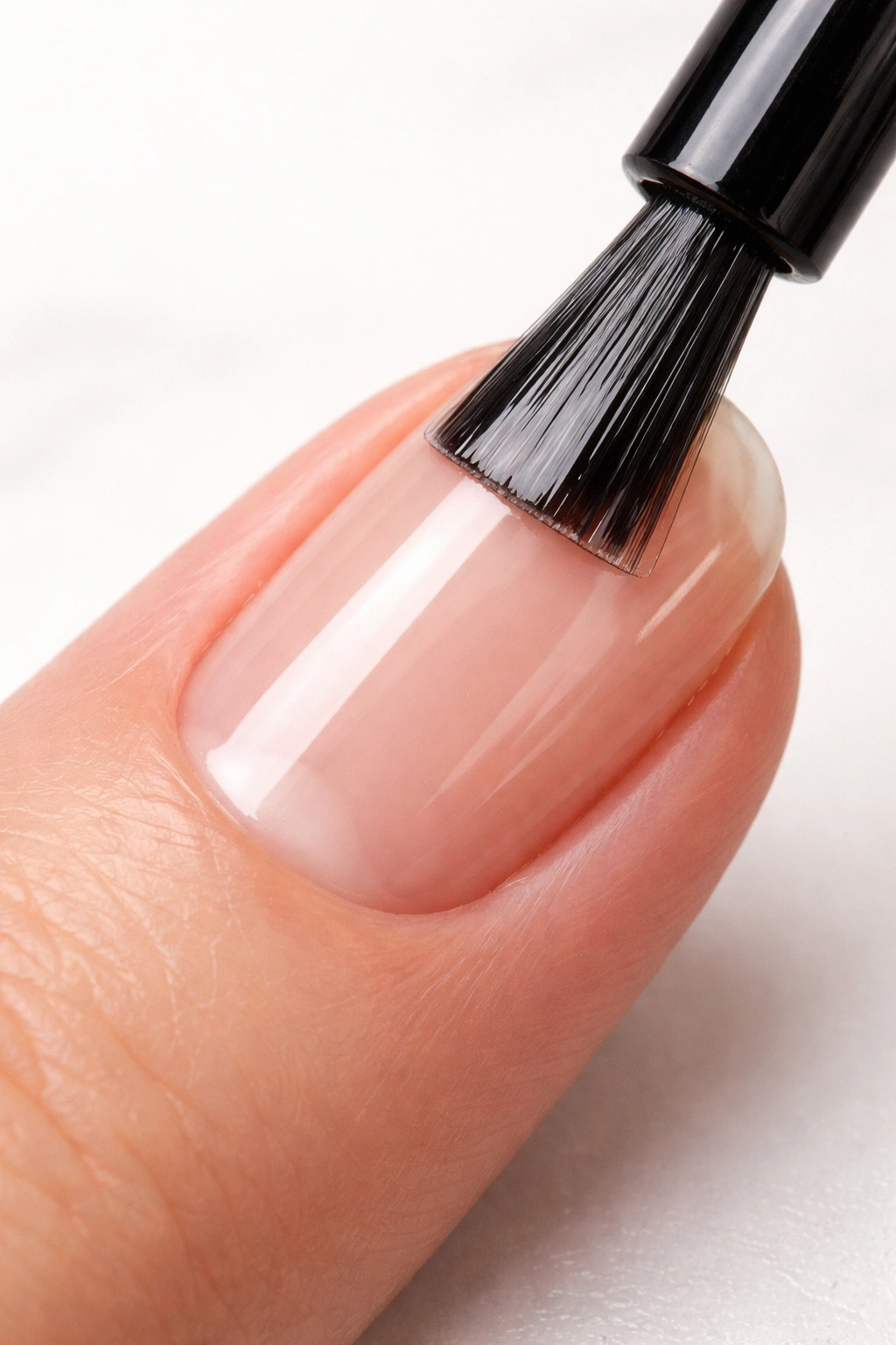 Base coat being applied to nail with precise brush strokes