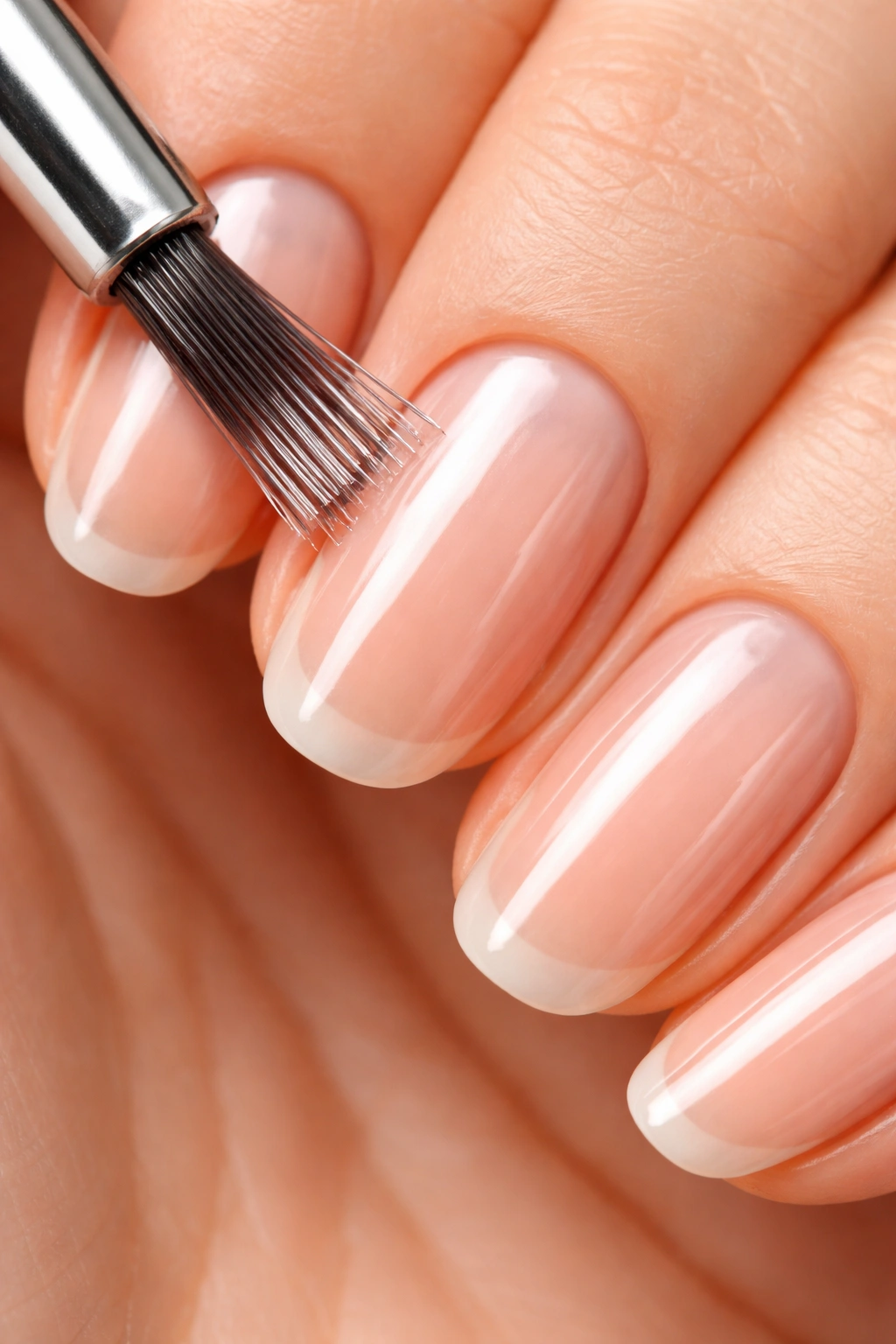 Applying base coat to nails with a thin brush.