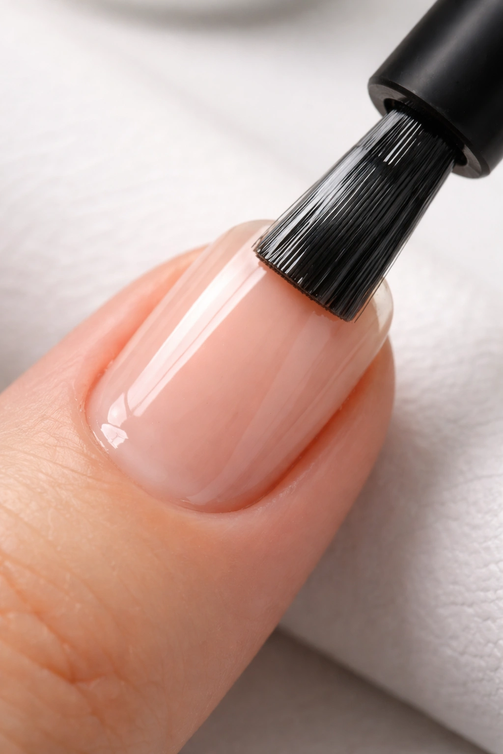 Close-up of base coat being evenly applied to the nail with full edge coverage