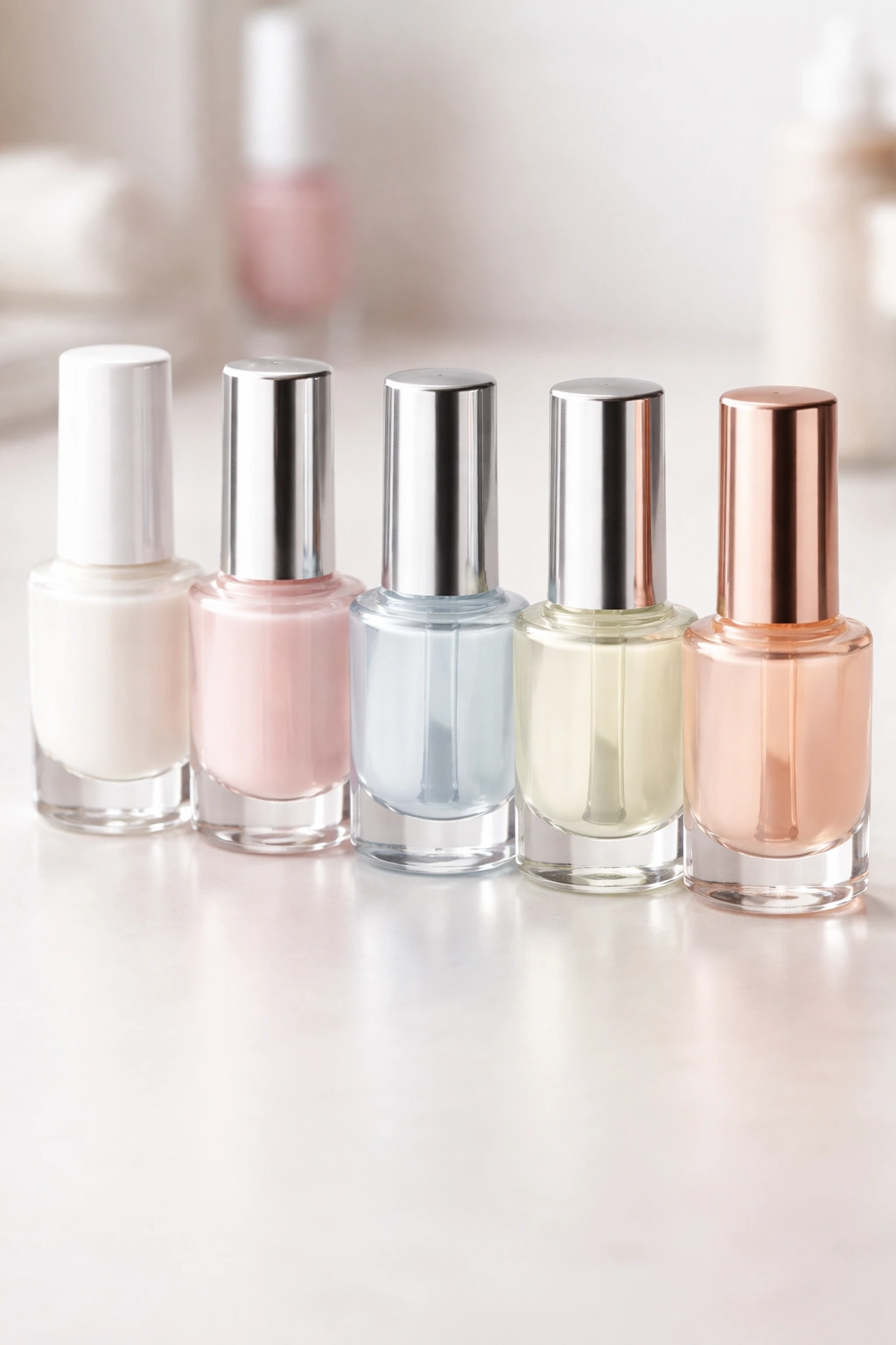 Close-up of five base coat bottles with colored liquids on a light surface, no labels