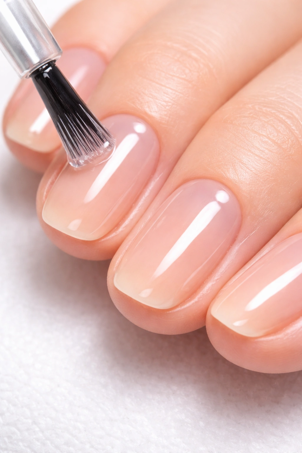Nails with translucent glossy base coat ready for color