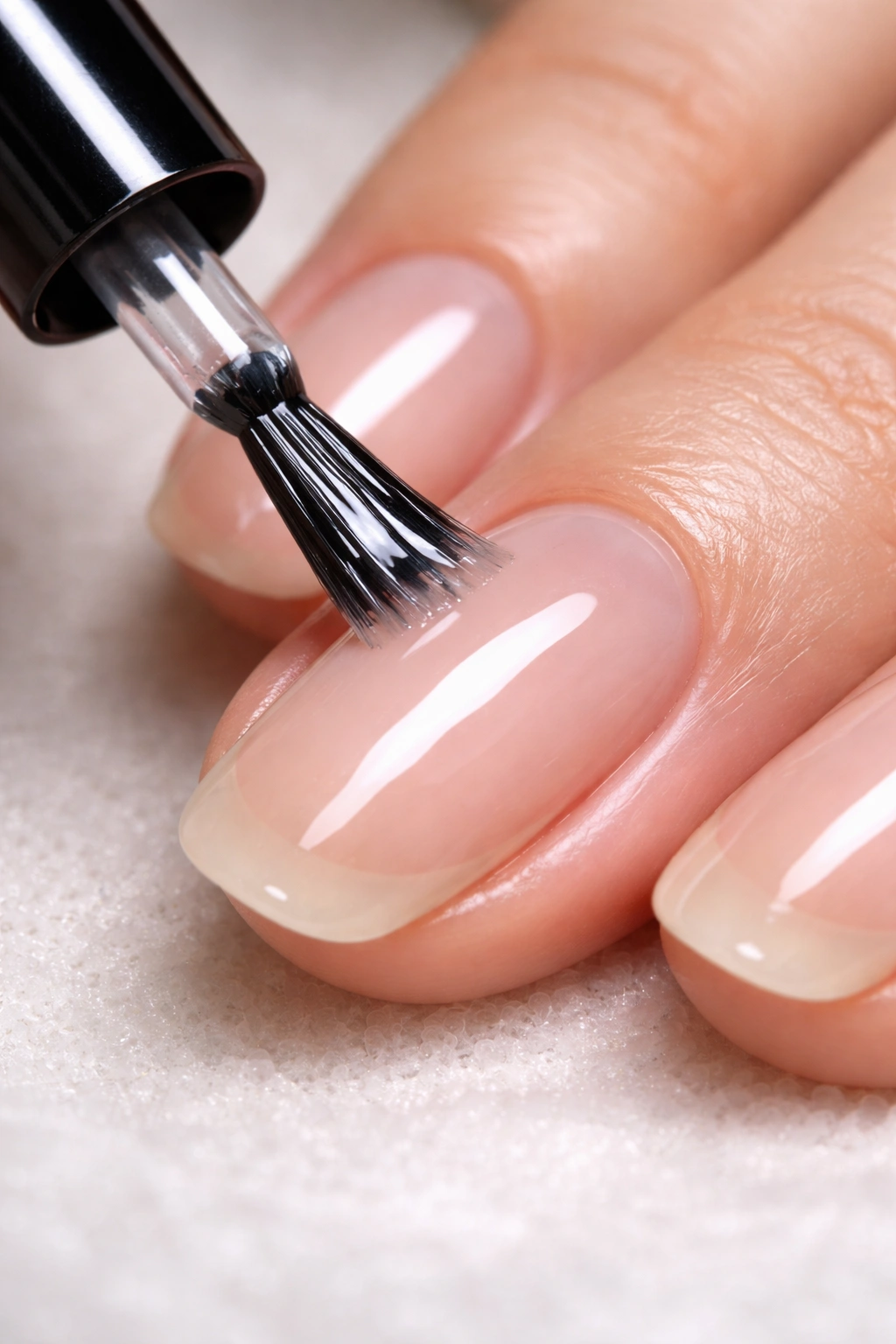 Nails with a thin base coat being applied