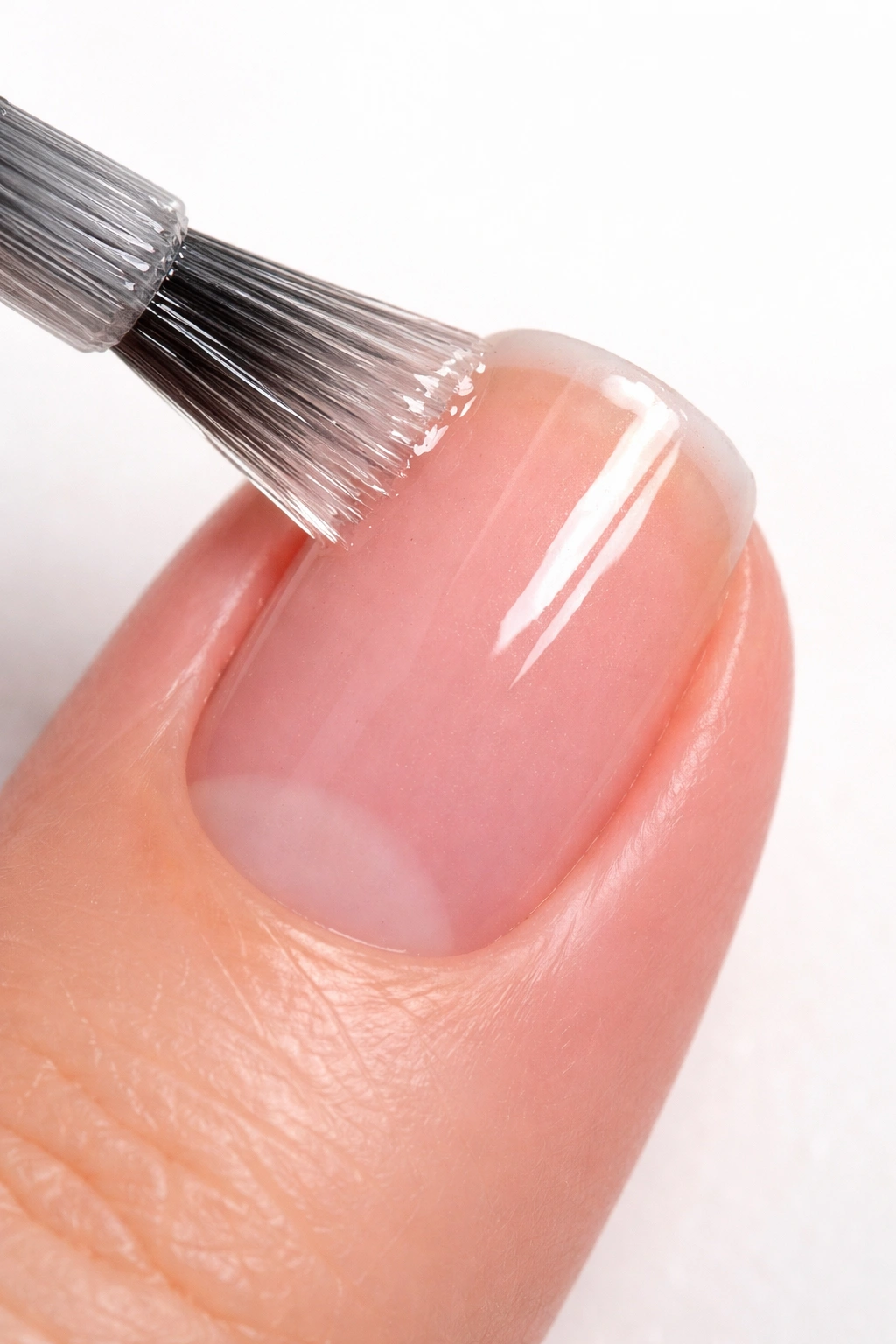 Nail with a thin glossy base coat applied before dipping