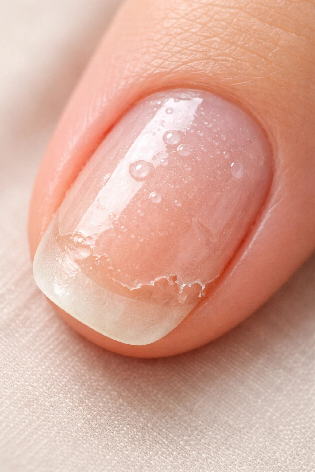 Nail showing uneven base coat with peeling edges illustrating common mistakes