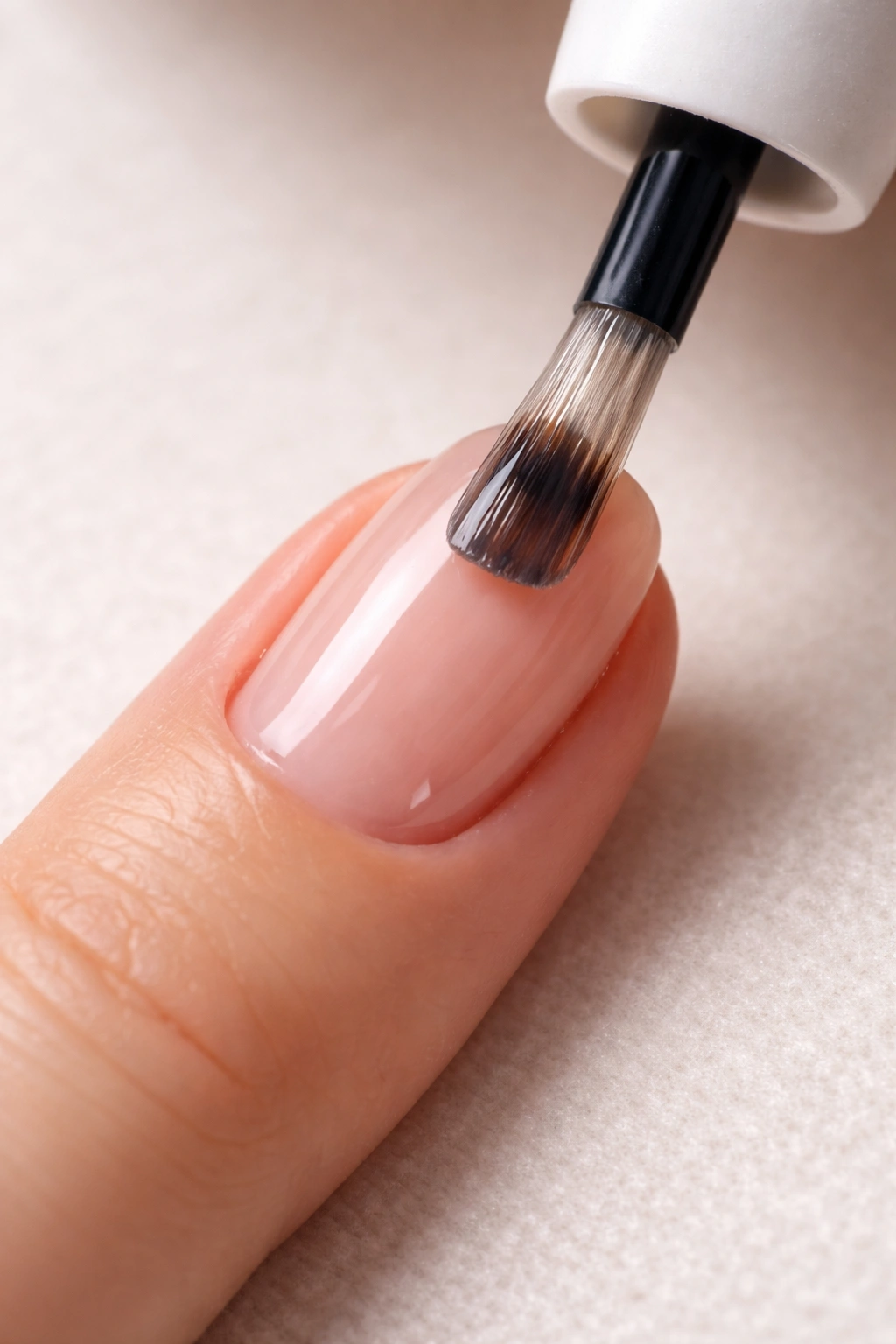 Close-up of base coat being applied to nail with precise brush technique
