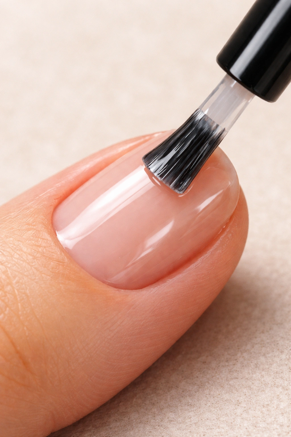 Close-up of a nail with a clear glossy base coat applied.