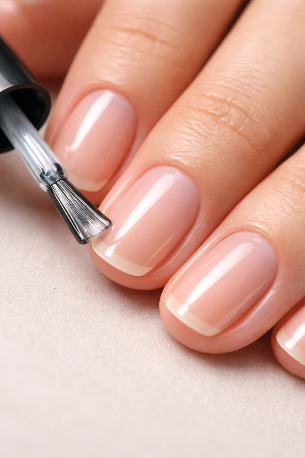 Close-up of nails with a thin base coat for protection and adhesion