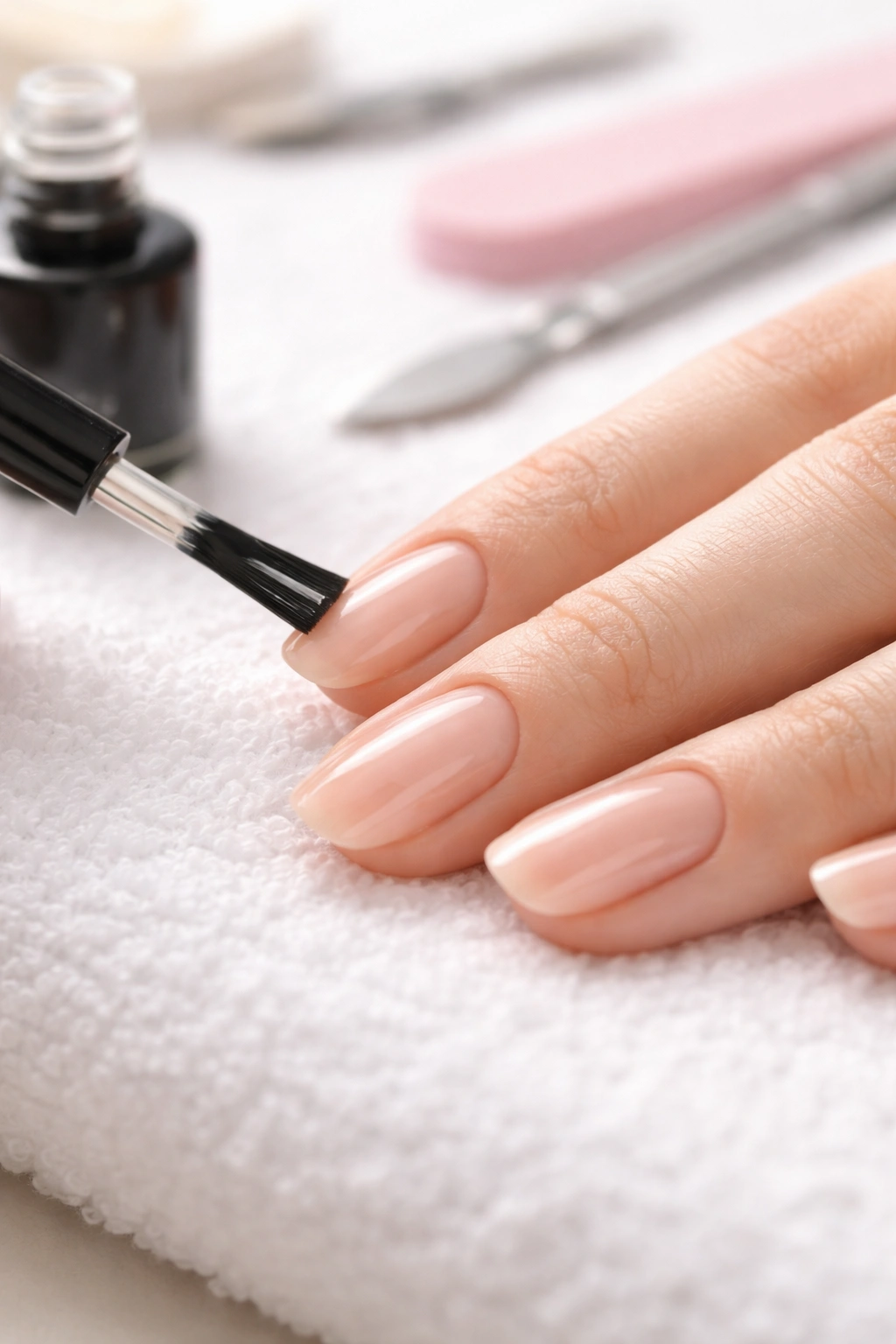 Base coat being applied in a thin layer on nails