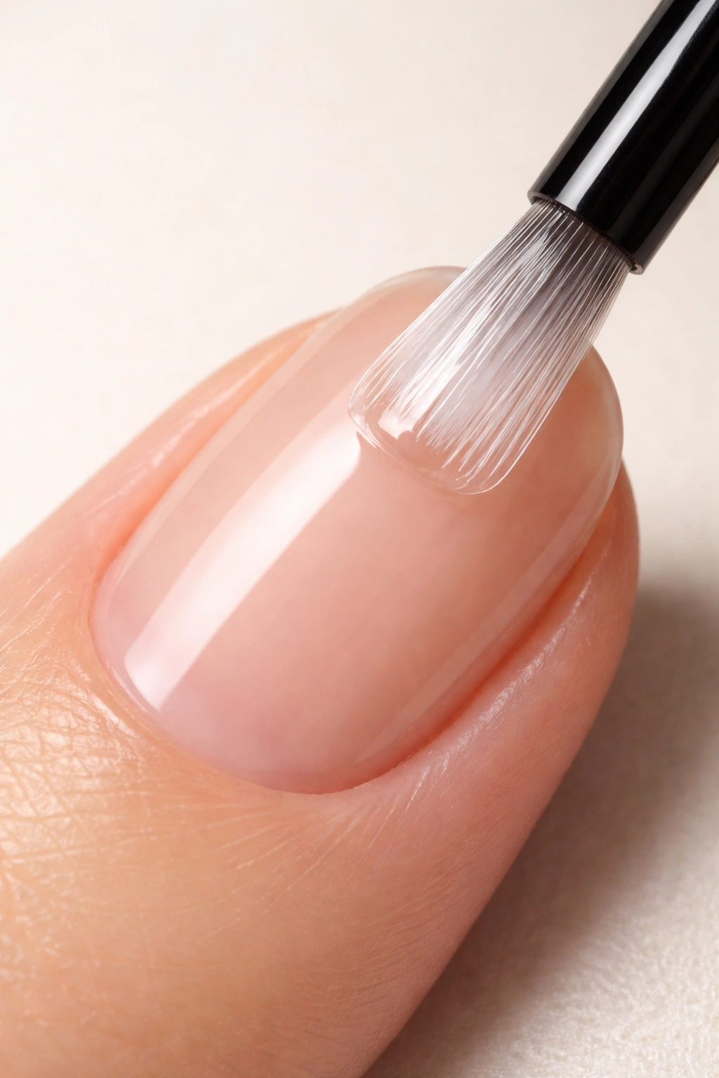 Close-up of a nail with a thin, even glossy base coat.