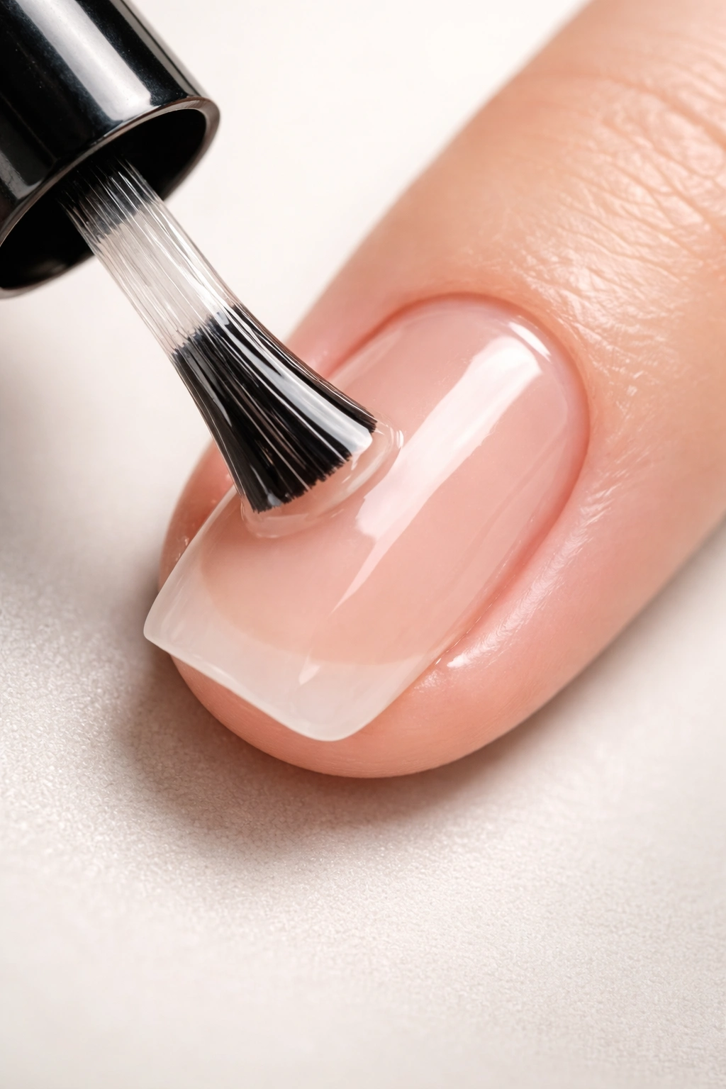 Nail with thin clear base coat applied ready for stickers