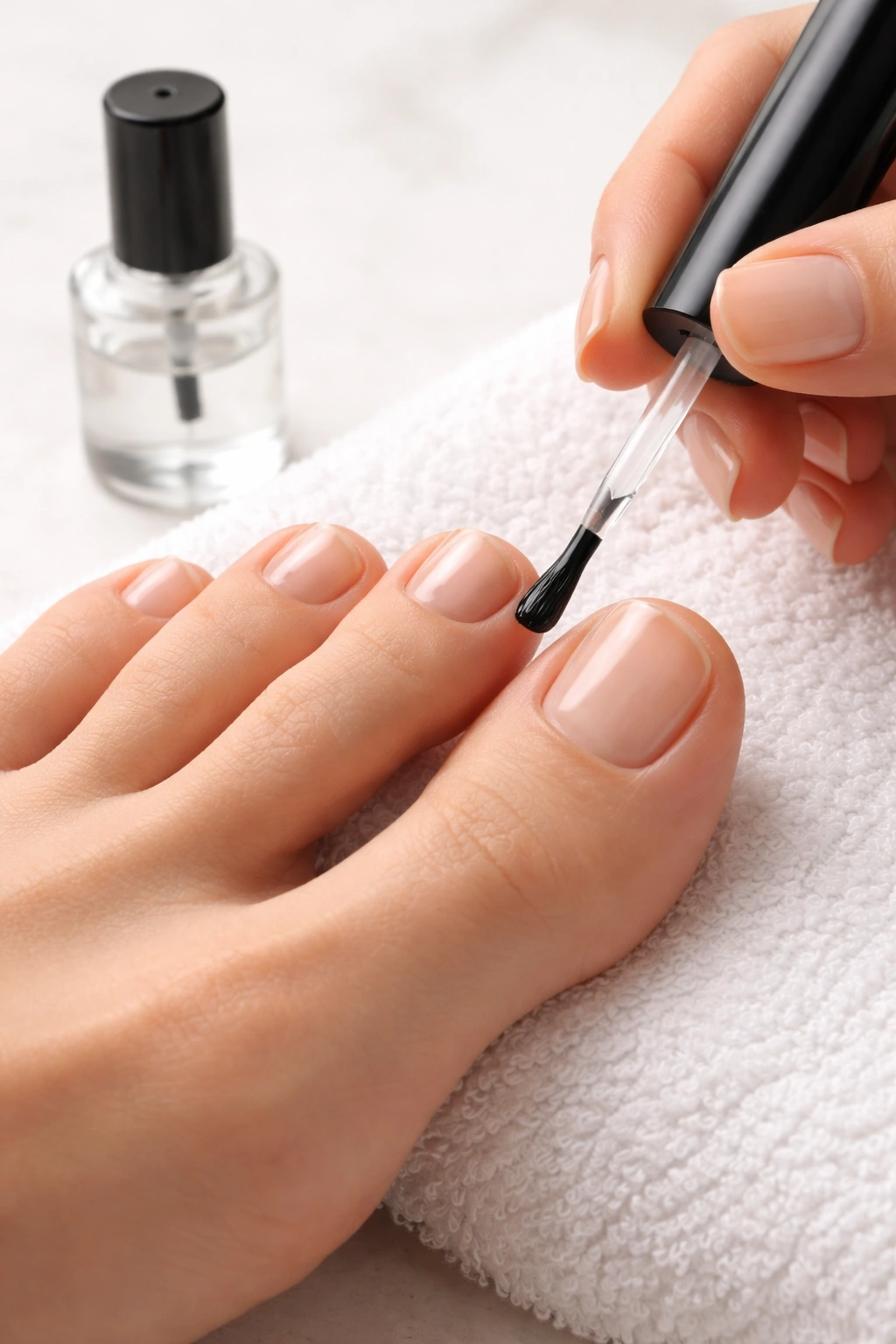 Toenails with a thin coat of clear base coat