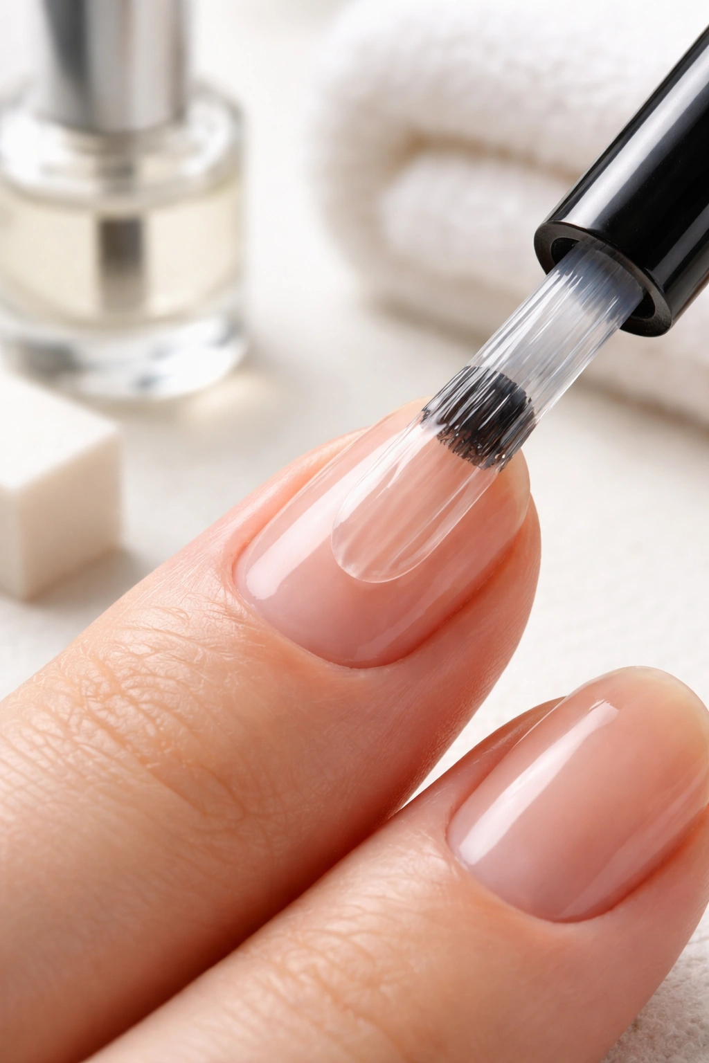 Nail being prepped with base coat to prevent bubbles