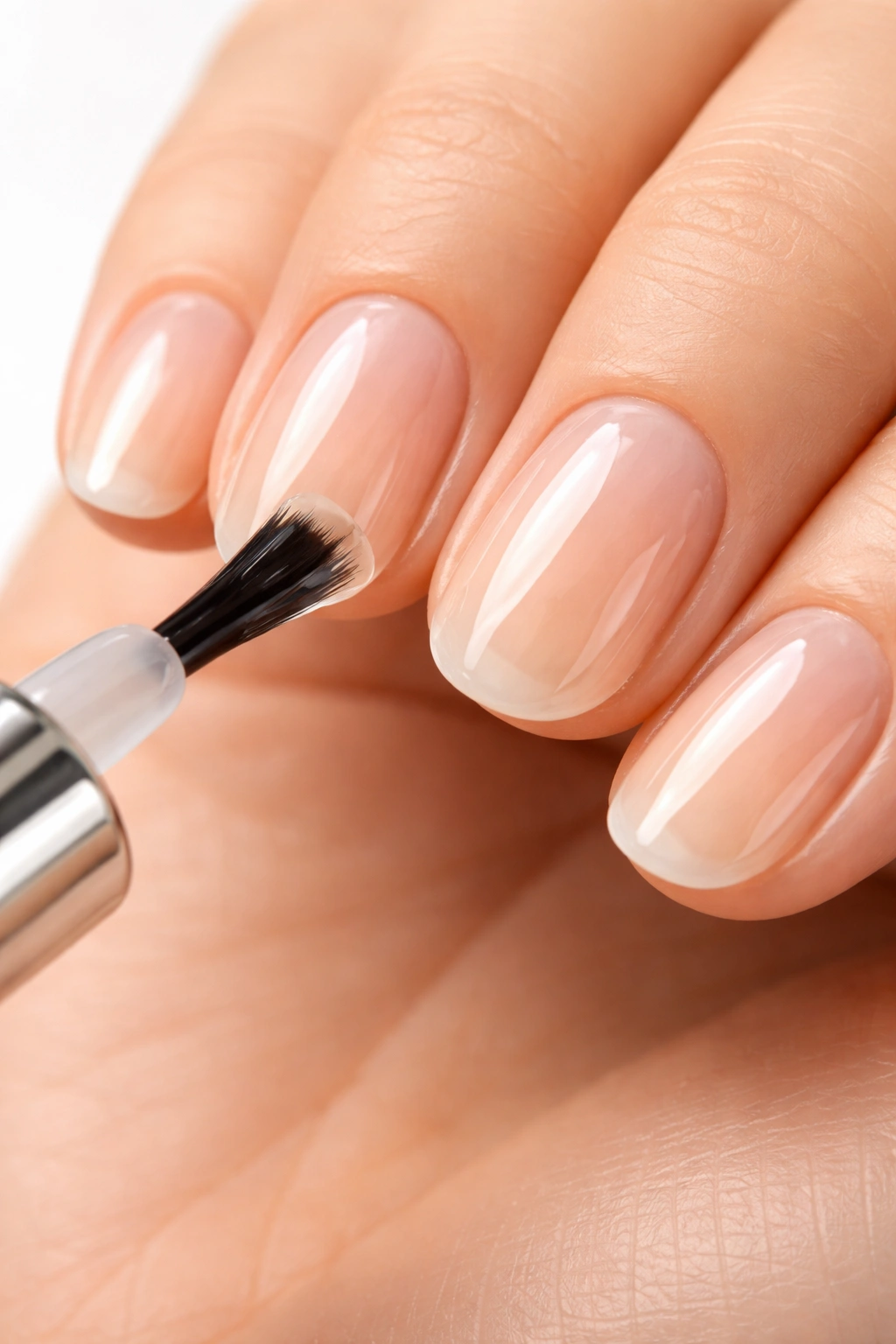 Close-up of nails with clear protective base coat