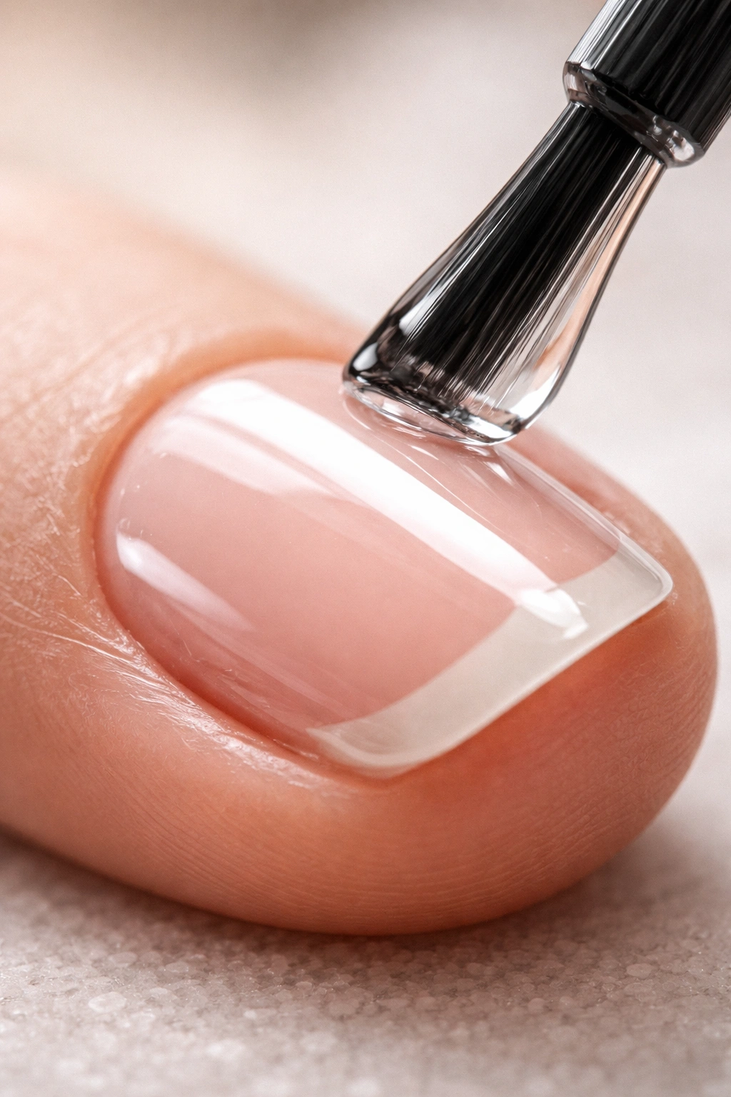 Close-up of nail showing glossy top coat sealing the edge and base coat near the cuticle