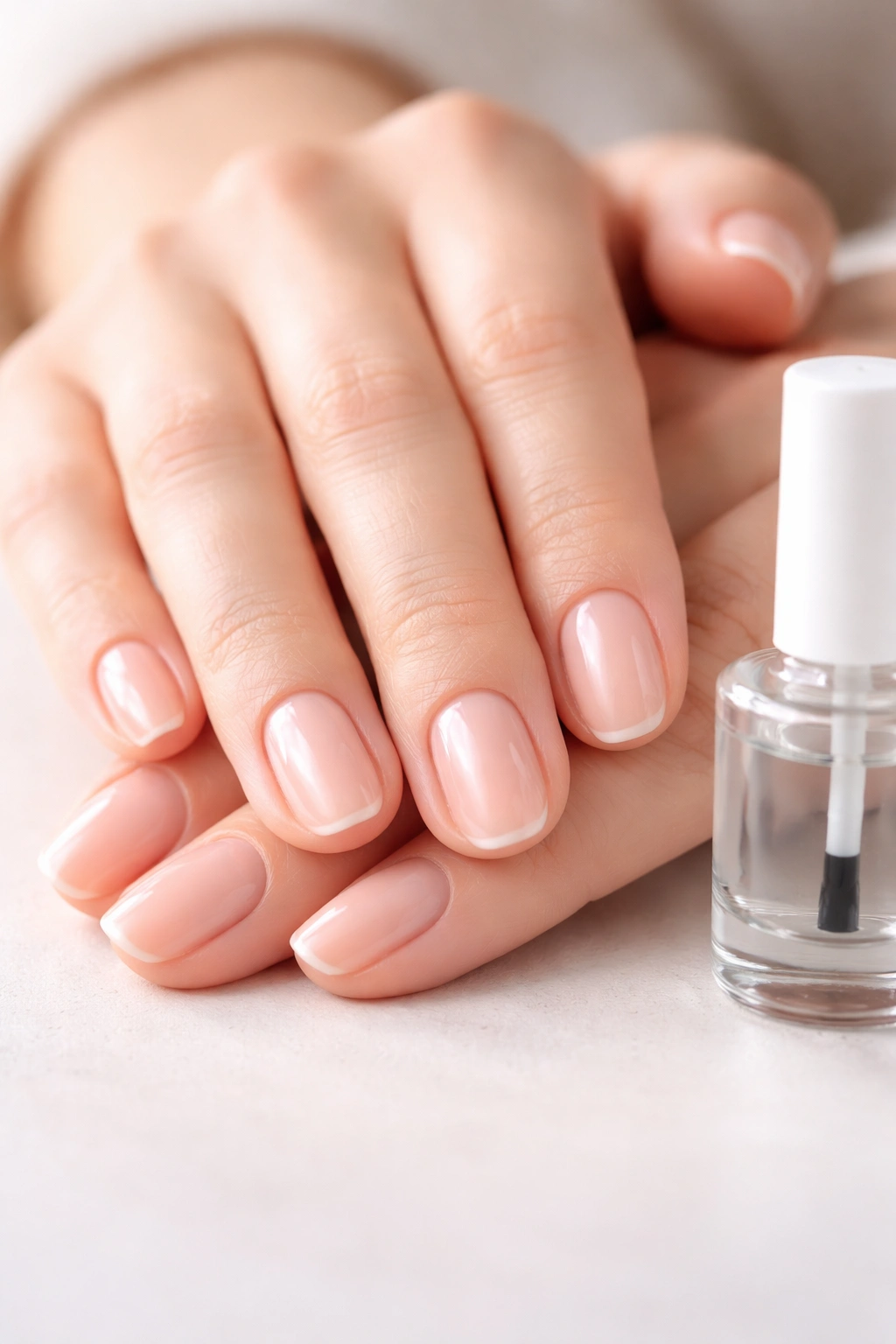 Hand showing base coat applied as a treatment between manicures