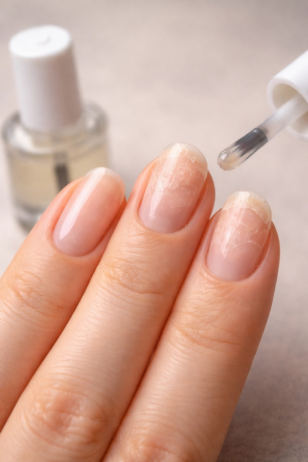Nails with smooth base coat on some nails and slight peeling on others to illustrate FAQs