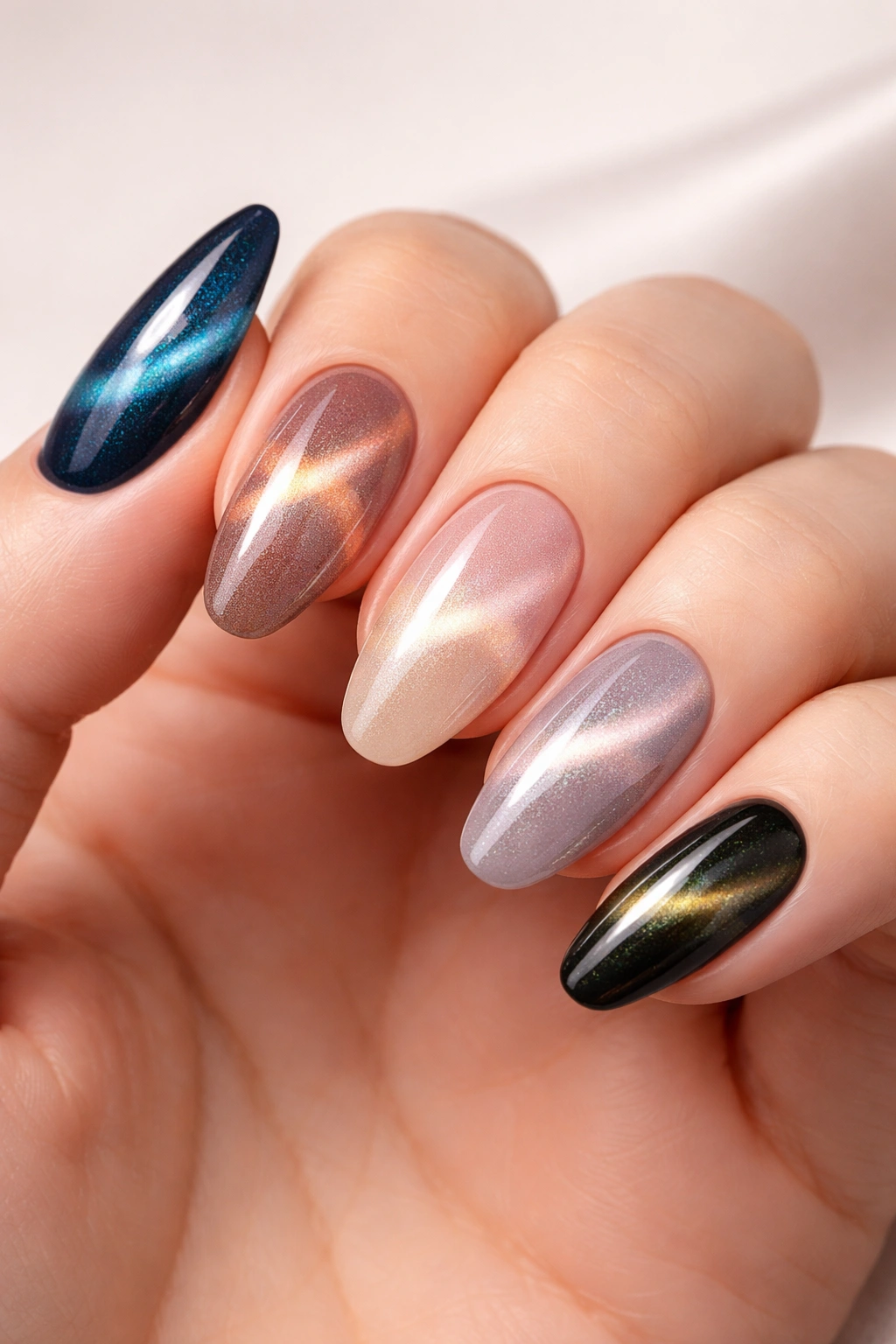 Nails showing varied base colors for cat eye effect